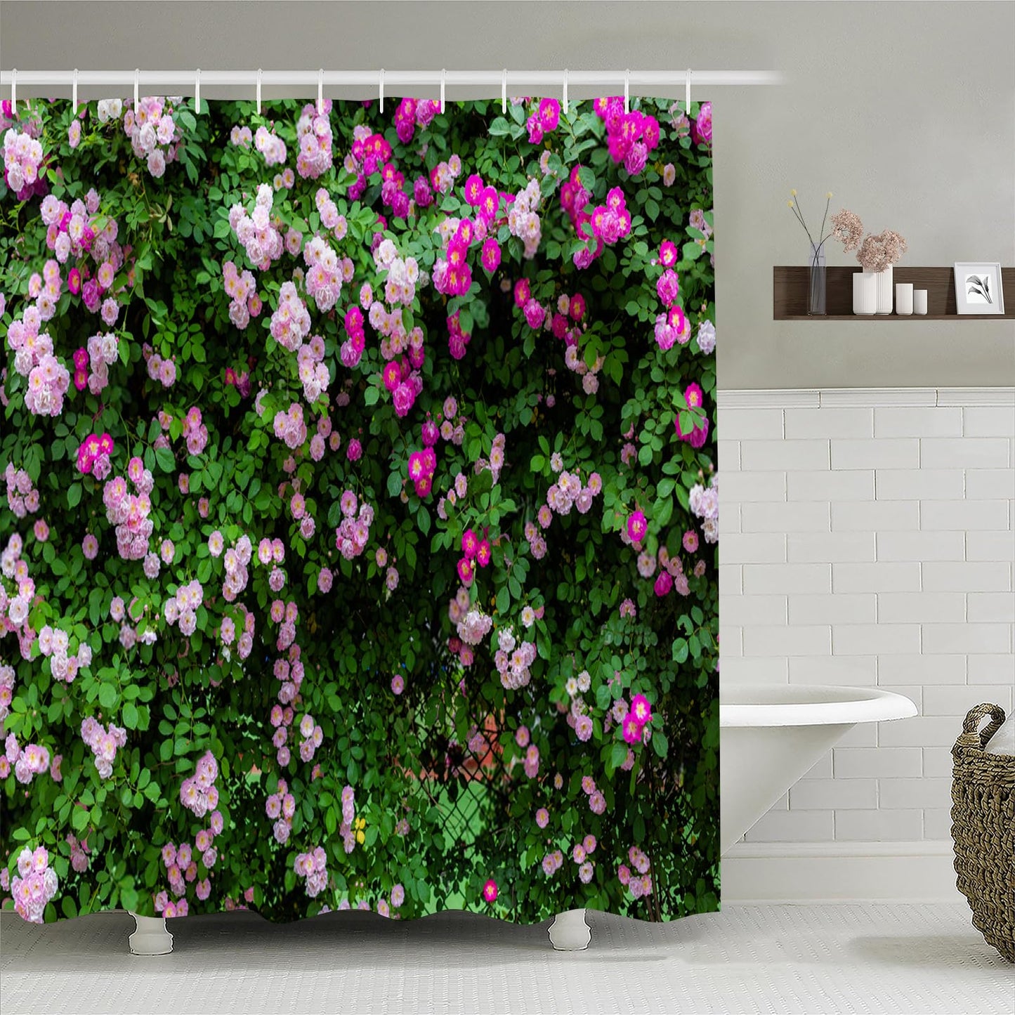 Simpomsy Outdoor 3D Floral Shower Curtain - Pink Garden Scenery Waterproof With Hooks 200x180cm