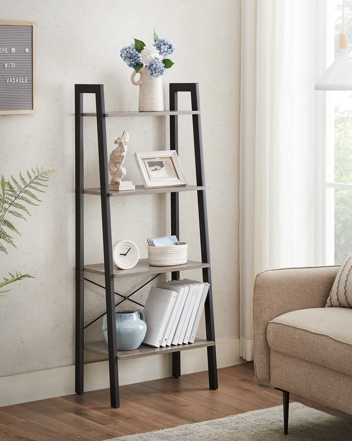 VASAGLE Ladder Shelf, 4-Tier Bookshelf, Bookcase, for Living Room, Bedroom, Kitchen, Home Office, Industrial Style, Steel Frame, Greige and Black