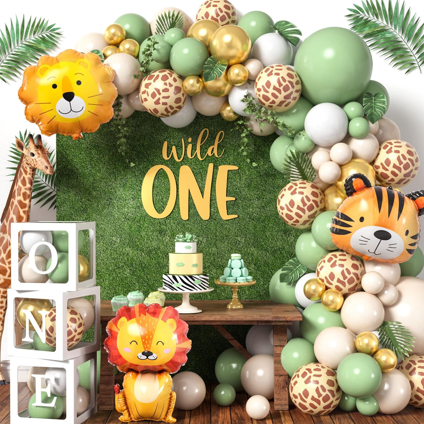 Safari 1st Birthday Decorations for Boys Girls, Wild One Birthday Decorations with Sage Green Balloon Arch Kit Balloon Boxes, Animal Jungle Theme