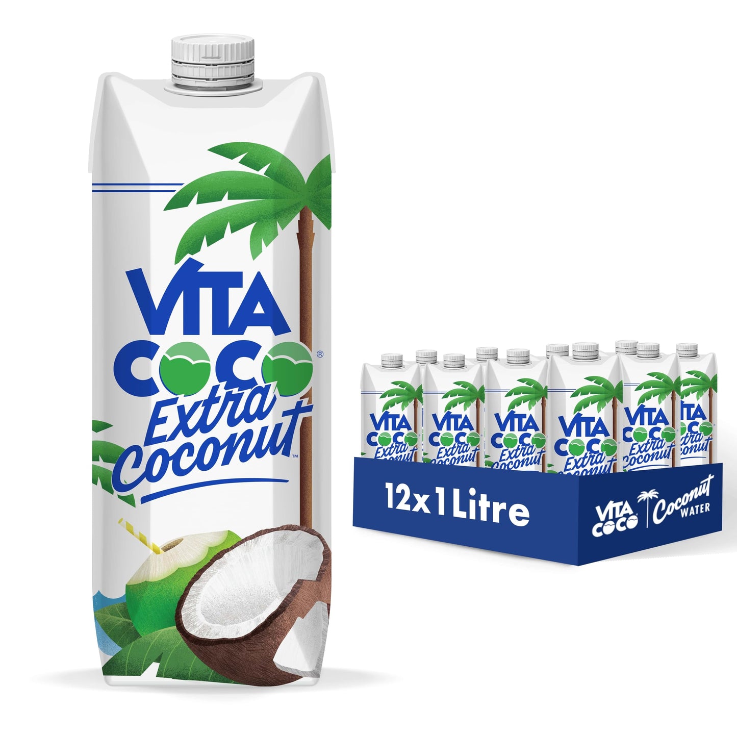 Vita Coco Extra Coconut Water 1 Litre x 12, Pressed Coconut Water, Coconut Taste, Packed With Electrolytes, Gluten Free, Full of Vitamin C and