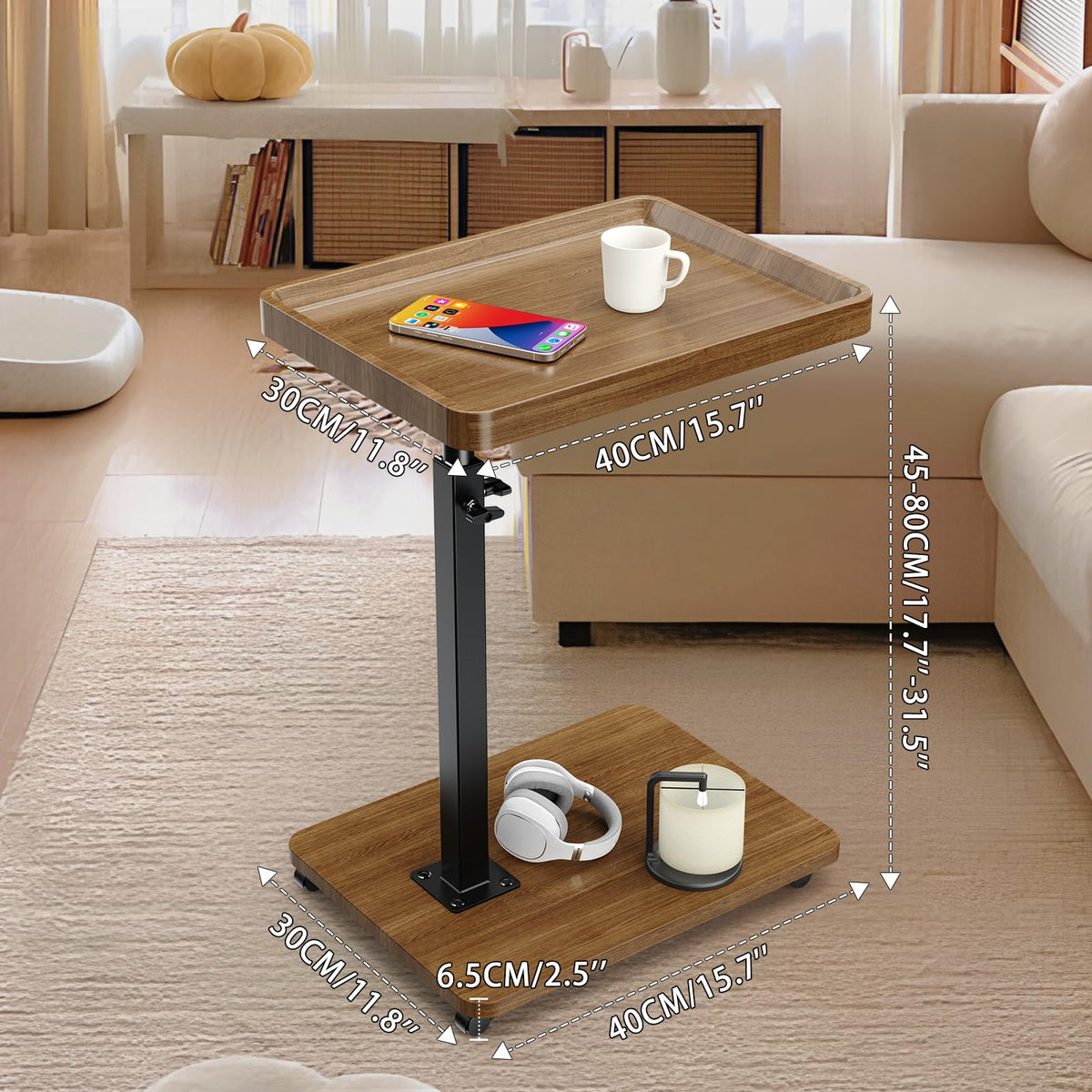 Lnopever Adjustable Side Table C Shaped Side Table with Wheels ＆ 360° Swivel Tray, Swivel Side Tables for Living Room