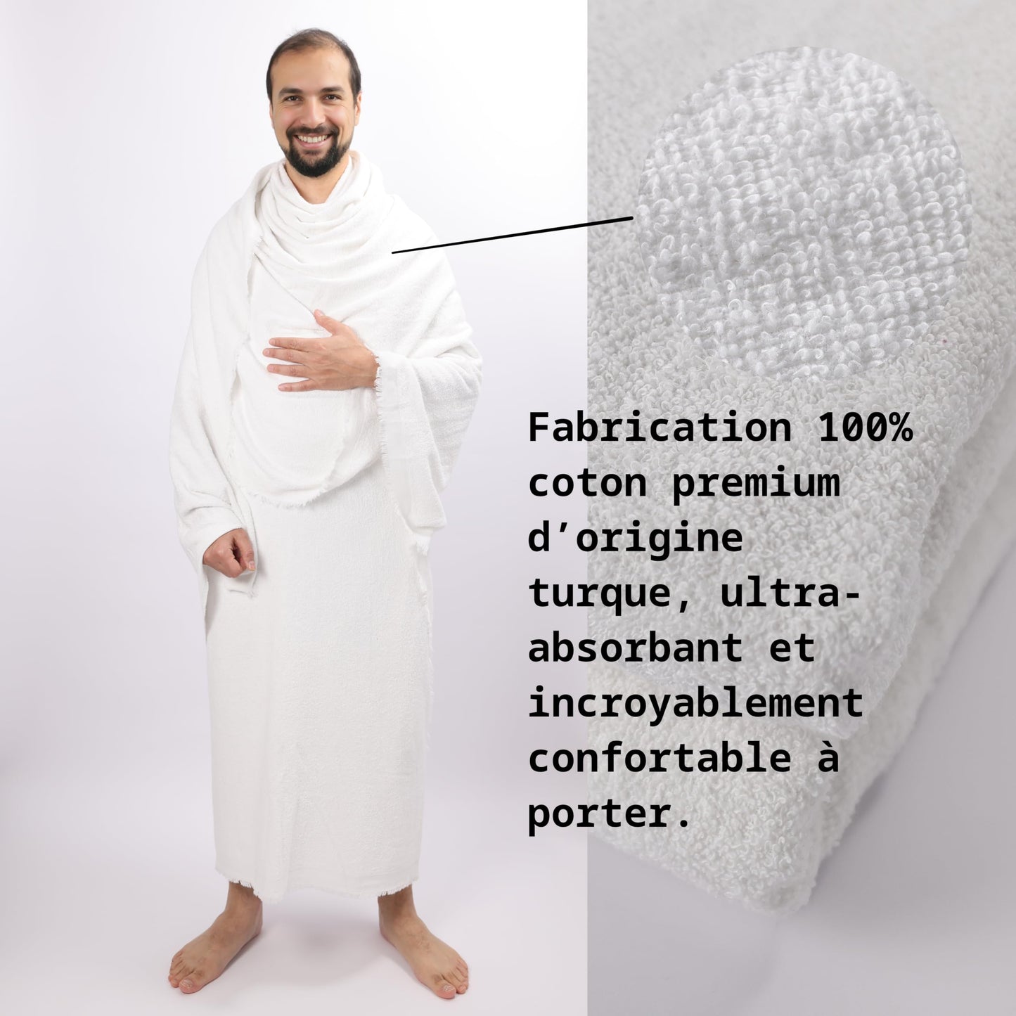Ihram Hajj and Omra Adult 1350grame - Set of 2 Thick White Towels - 110 x 220 cm - Made from 100% Natural Cotton of Turkish Origin