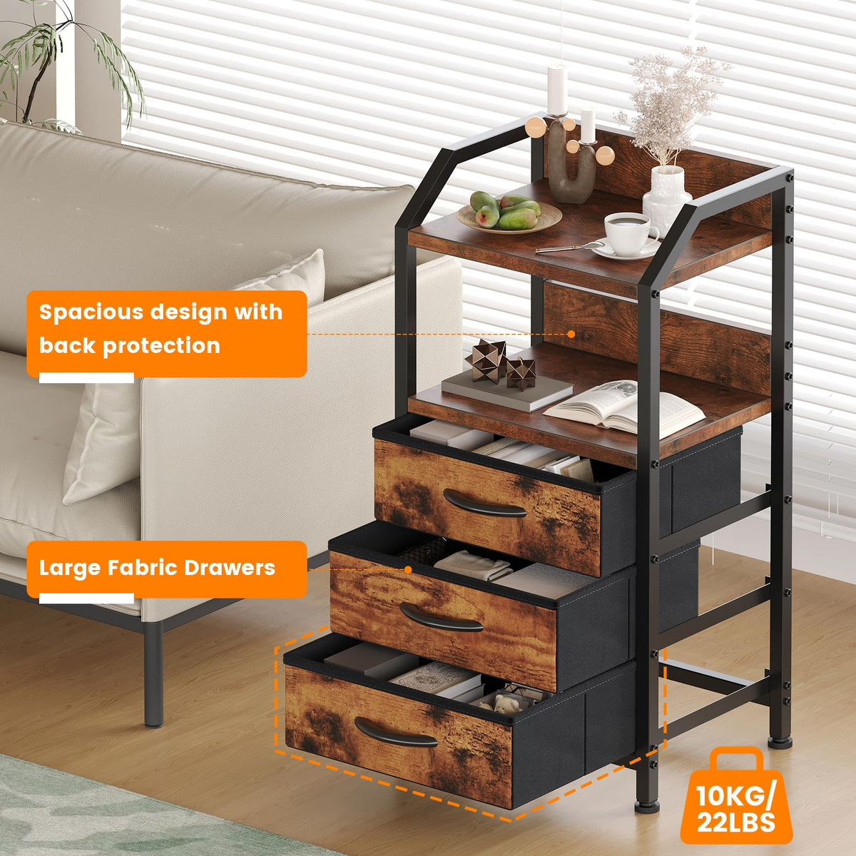 Feonase Bedside Table with 3 Fabric Drawers & Open Shelf, Nightstand for Bedroom, Living Room, Small Spaces – Metal Frame & Wooden Top