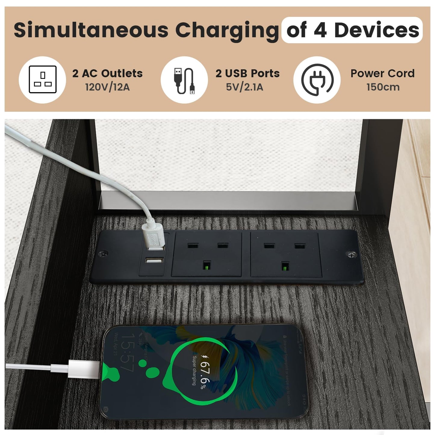 Hadulcet c shaped side table, sofa table with Charging Station, Adjustable Height, c table end table with Storage Space for Living Room, Bedroom