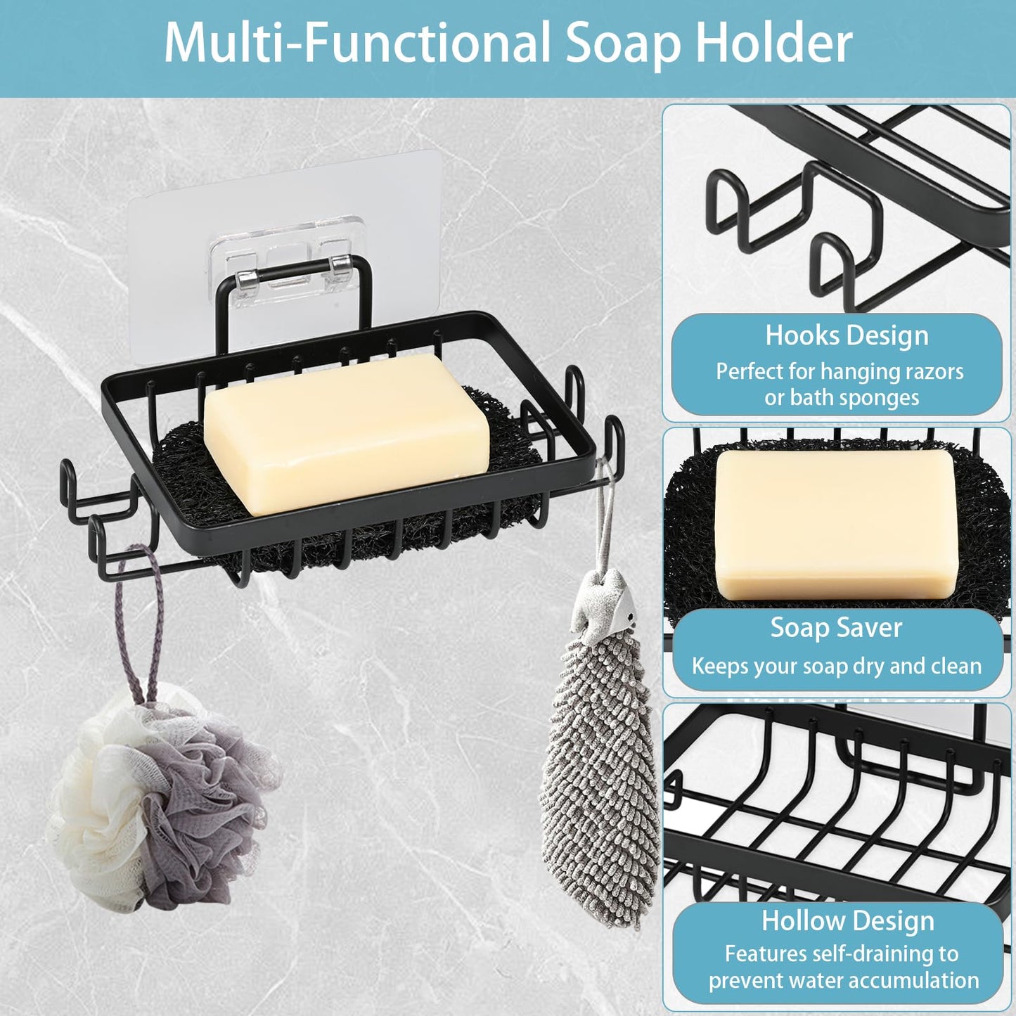 YoHyien 2 Pcs Stainless Steel Wall Mounted Soap Holder, Self Adhesive Soap Dishes with Hooks & Soap Saver, Shower Soap Holder for Bathroom, Kitchen