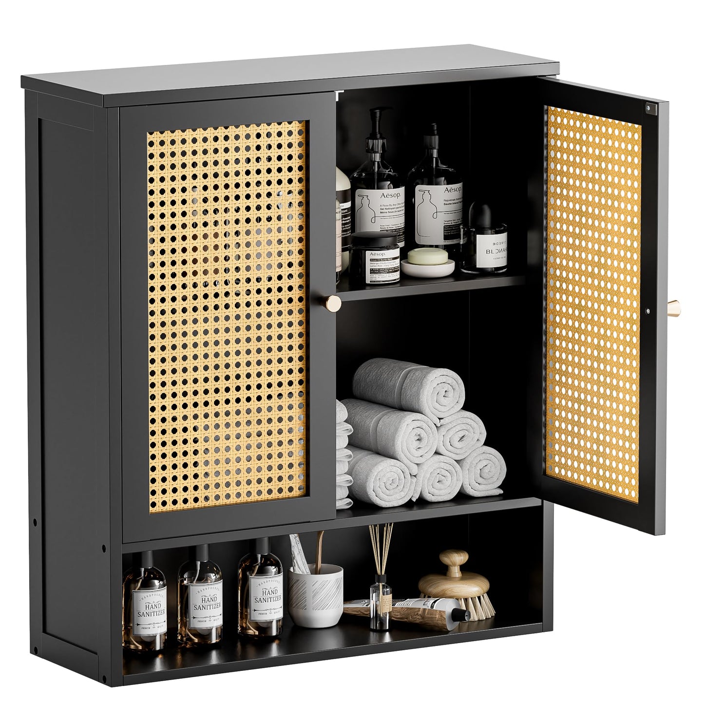 HITNET Bathroom Wall Cabinet, Rattan Medicine Cabinet, Bamboo Over the Toilet Space Saver Hanging Storage Cabinet with 2 Doors and Adjustable Shelves,