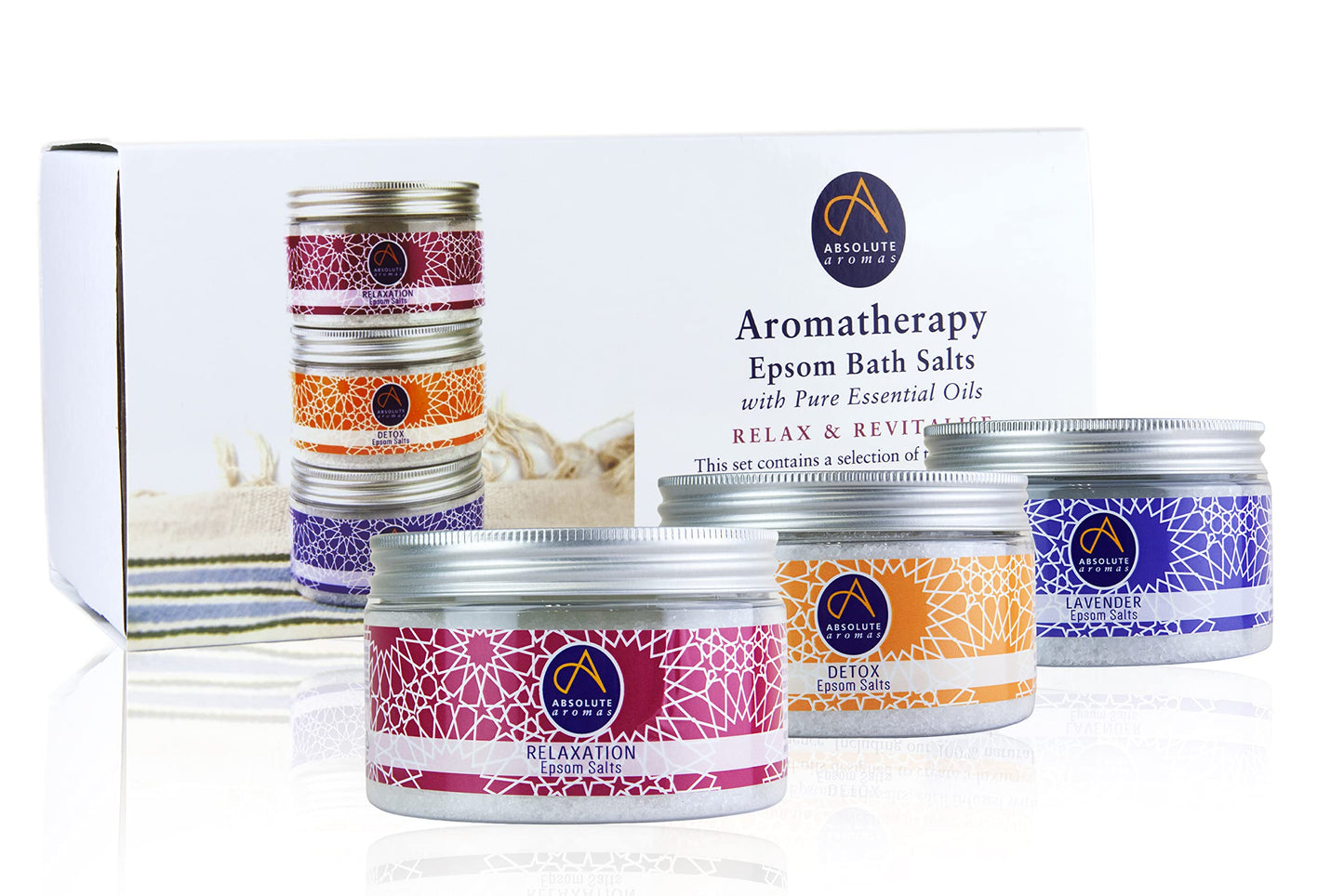 Absolute Aromas Relax & Revitalise Epsom Bath Salts Gift Set ? 3 x 300g Lavender, Detox and Relaxation - Magnesium Sulphate Infused with 100% Pure