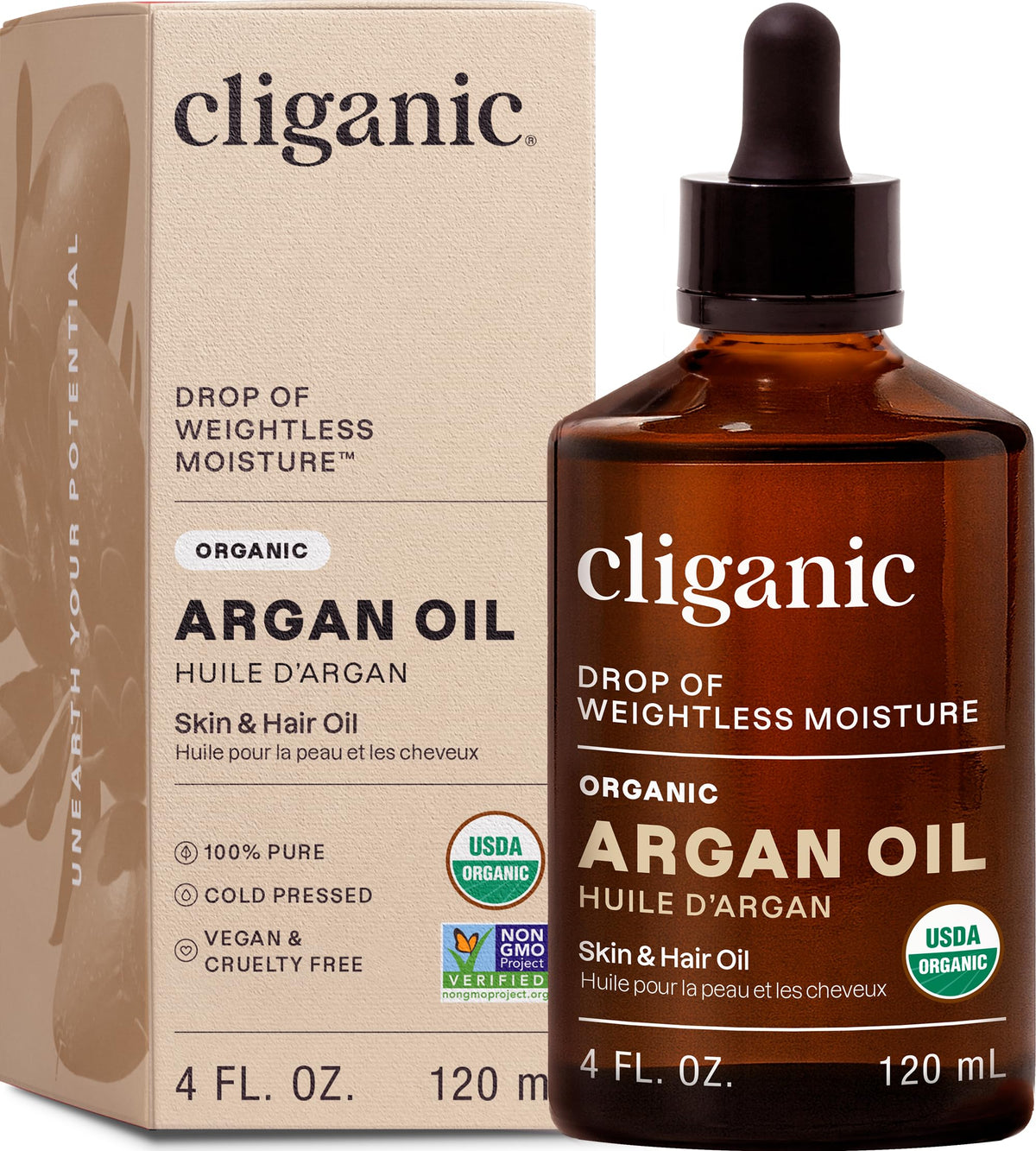 Cliganic USDA Organic Argan Oil, 100% Pure | Moroccan Argan Oil for Hair, Face & Skin | Natural Cold Pressed Carrier Oil - Certified Organic |