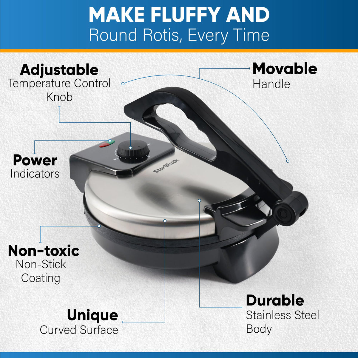 StarBlue 25.4cm Roti Maker Machine with Free Roti Heater and Removable Handle - Indian Chapati, Tortilla, Roti AC220-240V 50/60Hz 1200W, UK Plug