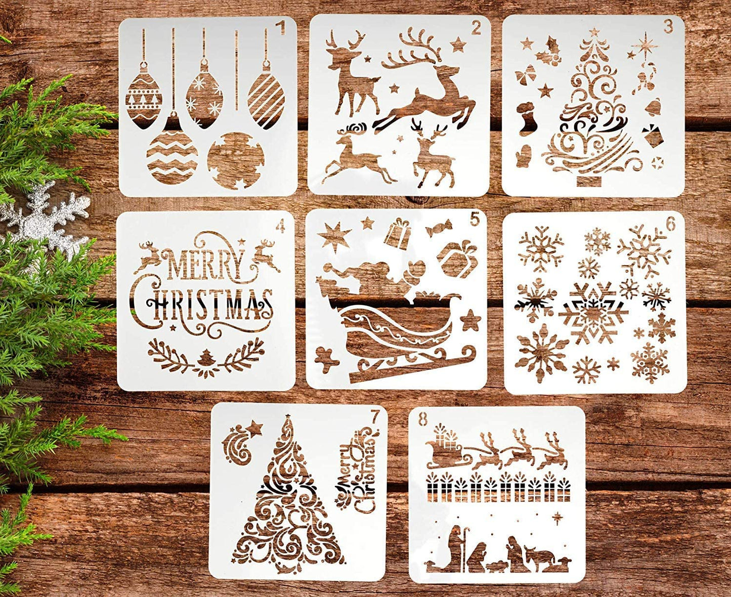 BTORER 12 inch Christmas Stencils 8Pcs Xmas Template Plastic Craft Stencils for Painting Wood, Spraying Door Window, Journal Scrapbook Cards Making,
