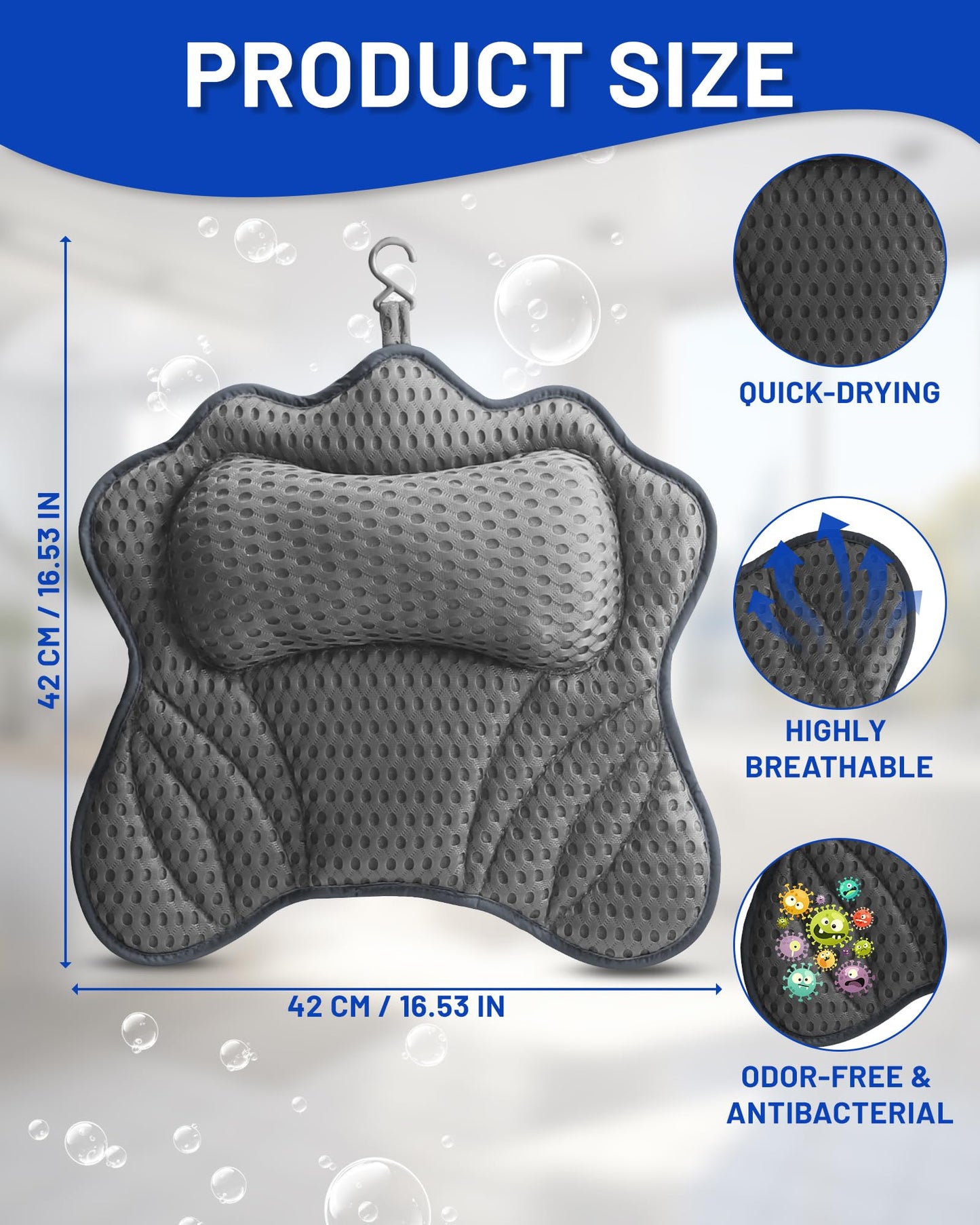 Bath Pillow, 4D Bath Pillows Spa Headrest, Ergonomic Mesh SPA Tub Pillow with 6 Non-Slip Suction Cups with Head, Neck, Shoulder and Back Support