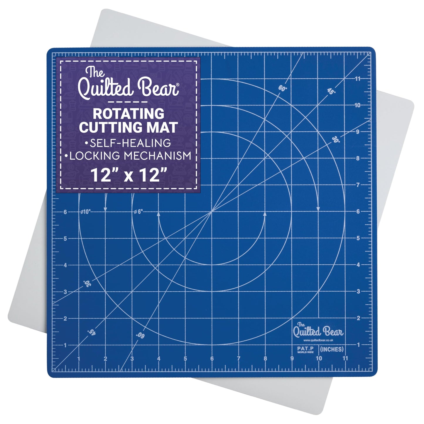 The Quilted Bear Rotating Cutting Mat 12" x 12" - Square Self Healing 360? Rotating Craft Cutting Mat with Innovative Locking Mechanism for Quilting &
