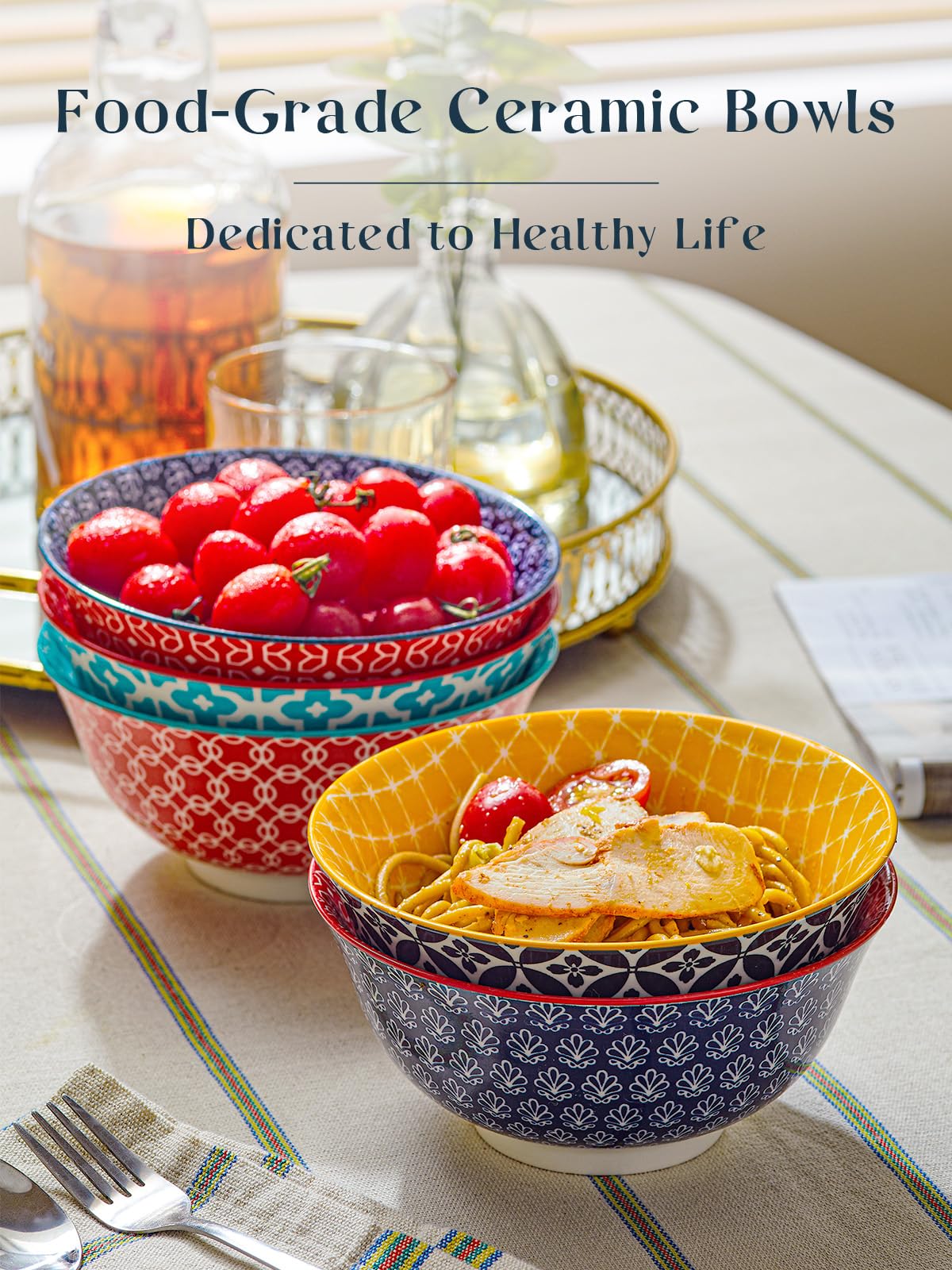DOWAN Cereal Bowls Set of 6, 680 ml Soup Deep Bowls for Breakfast, 15.2 cm Dessert Bowls for Oatmeal, Ice Cream, Noodles, Salad, Rice, Poke, Pho,