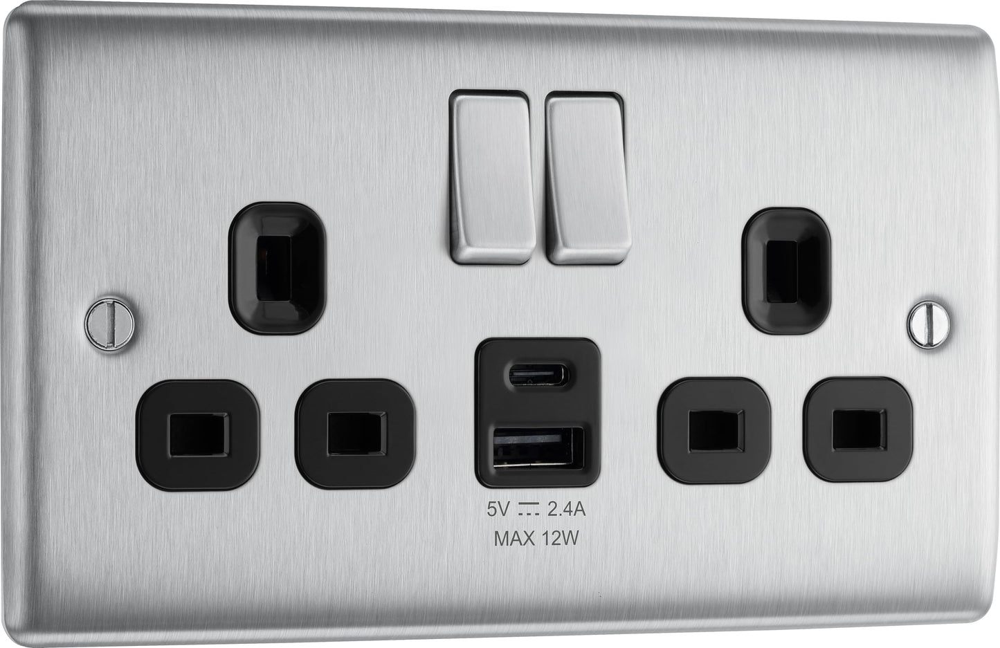 BG Electrical 12W Double Switched Power Wall Plug Socket with Type A and Type C USB Charging Ports, Nexus Metal, Brushed Steel, Black Inserts, 13A,