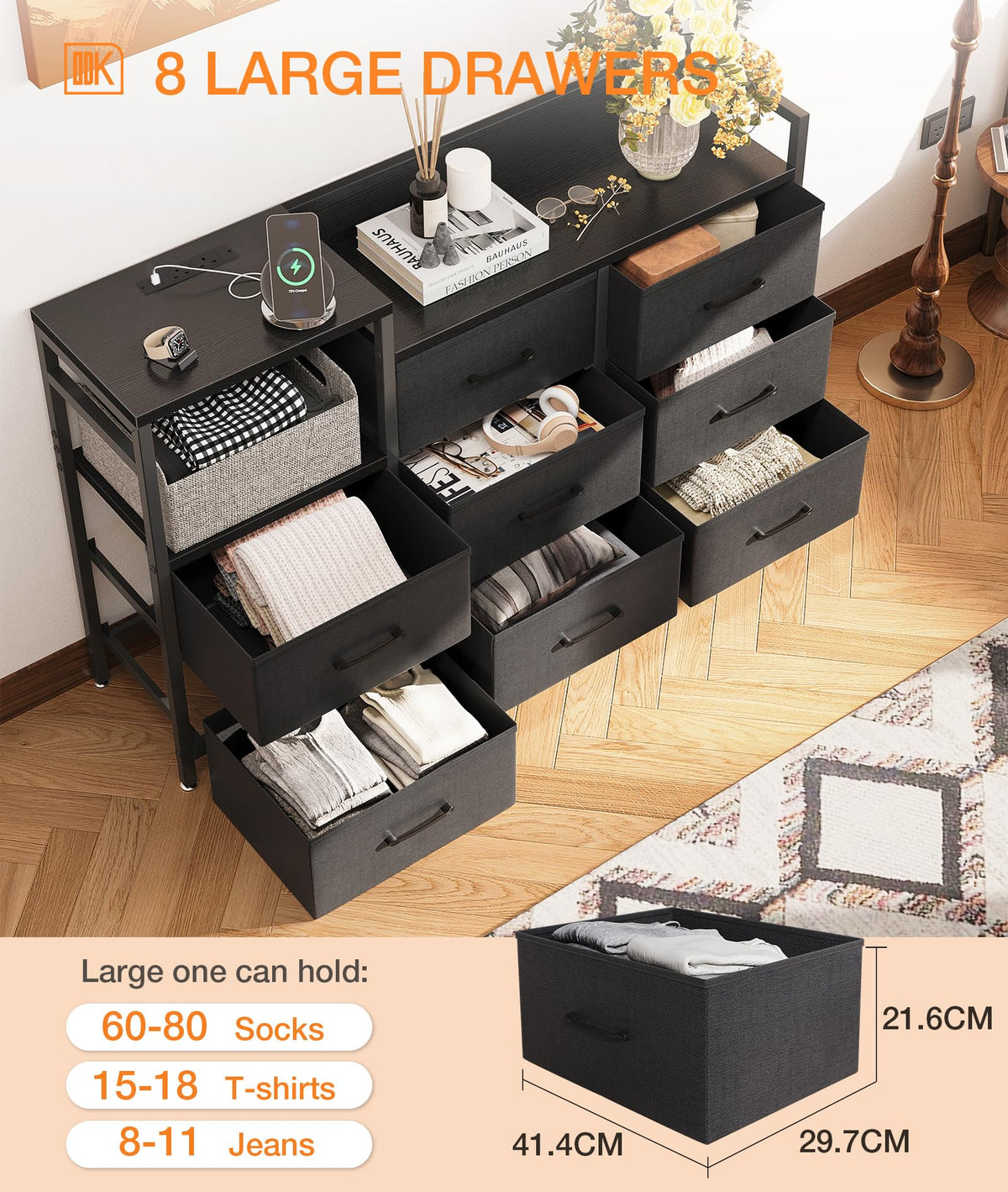 ODK Black Chest of Drawers Bedroom, Contains 2 USB & 2 AC Ports Sockets, 8 Fabric Drawers Multi-functional Drawers Suitable for Bedrooms,Living Rooms,