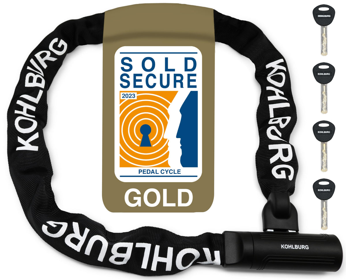 KOHLBURG Security Chain Lock Sold Secure Gold - 4ft / 120cm Extra-Long Bicycle Lock - high Security Standard - Heavy Duty Lock 0.33" Strong - Secure