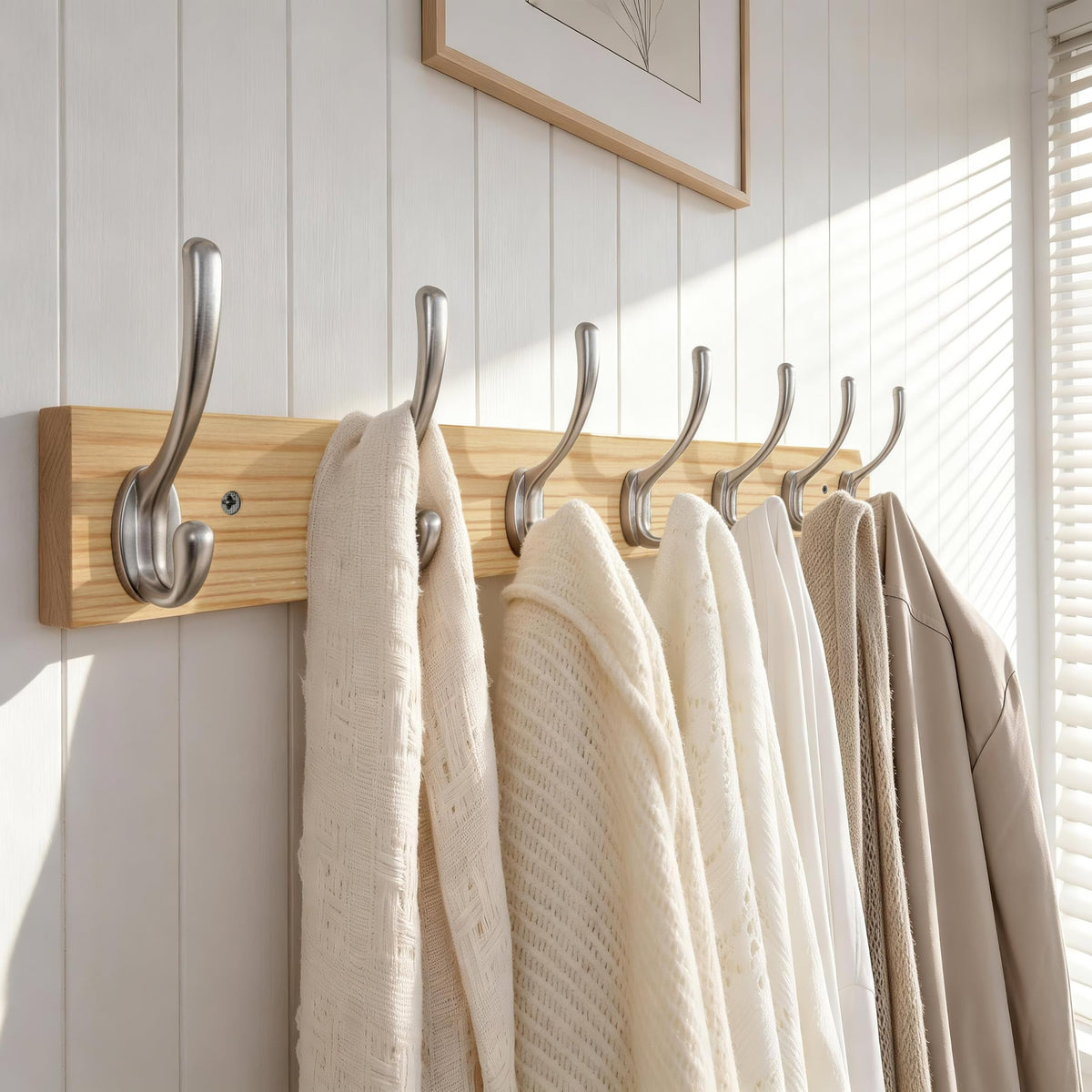 HONSKY Wall Coat Rack - 7 Double Hooks (50cm) | Wooden & Metal Towel/Coat Hanger for Entryway, Bathroom, Bedroom, Garage | Easy Install