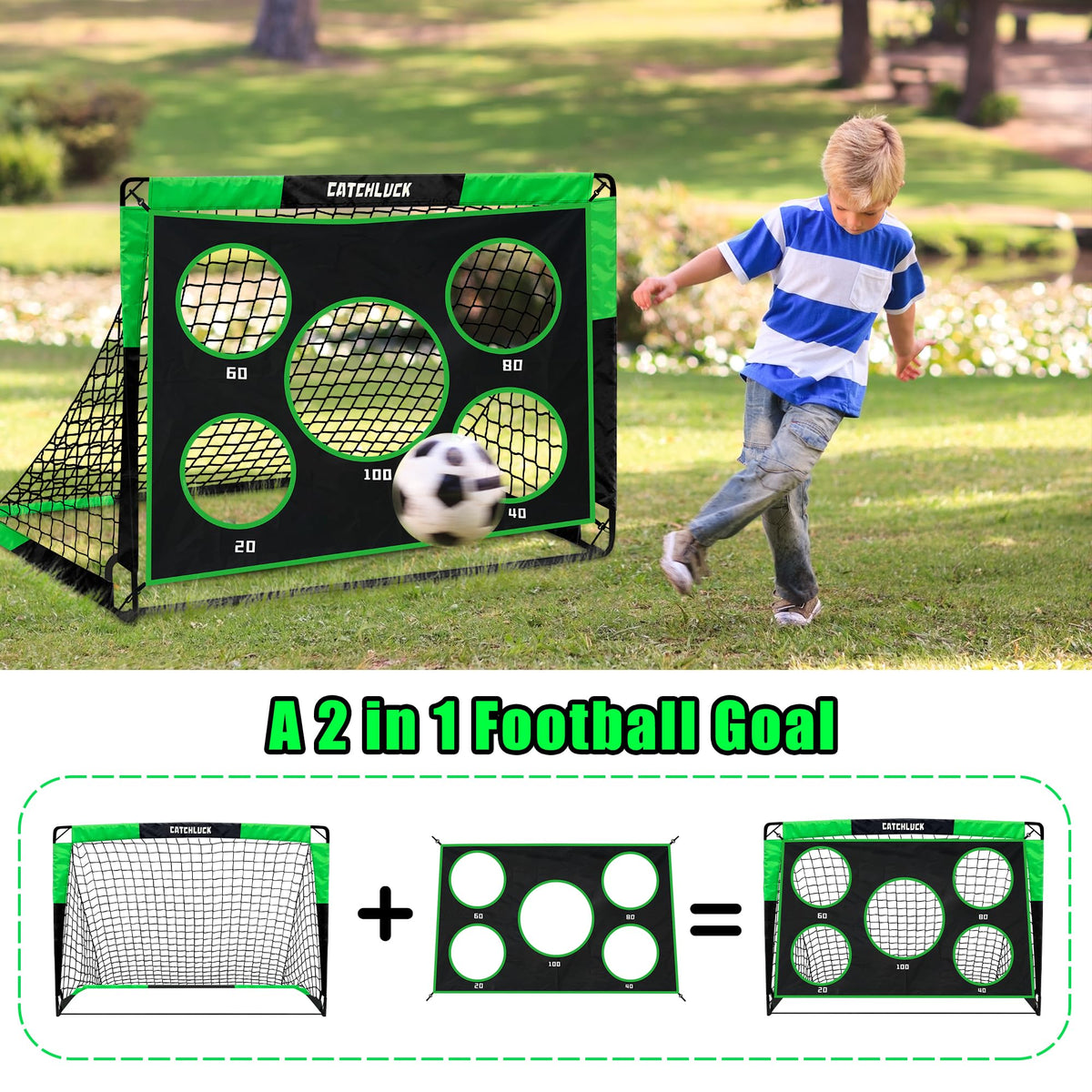 CATCHLUCK Football Goal Pop Up Football Net 2 In 1 Foldable Kids Goal for the Garden Portable Net Indoor Outdoor Training Equipment with Carry Bag,