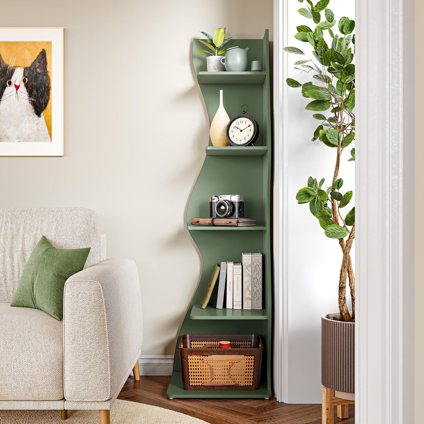 LITTLE TREE Small Corner Shelf, Modern 5-Tier Wall Corner Bookshelf, Stylish Bookcase Storage Rack for Small Space, Living Room, Bedroom Green
