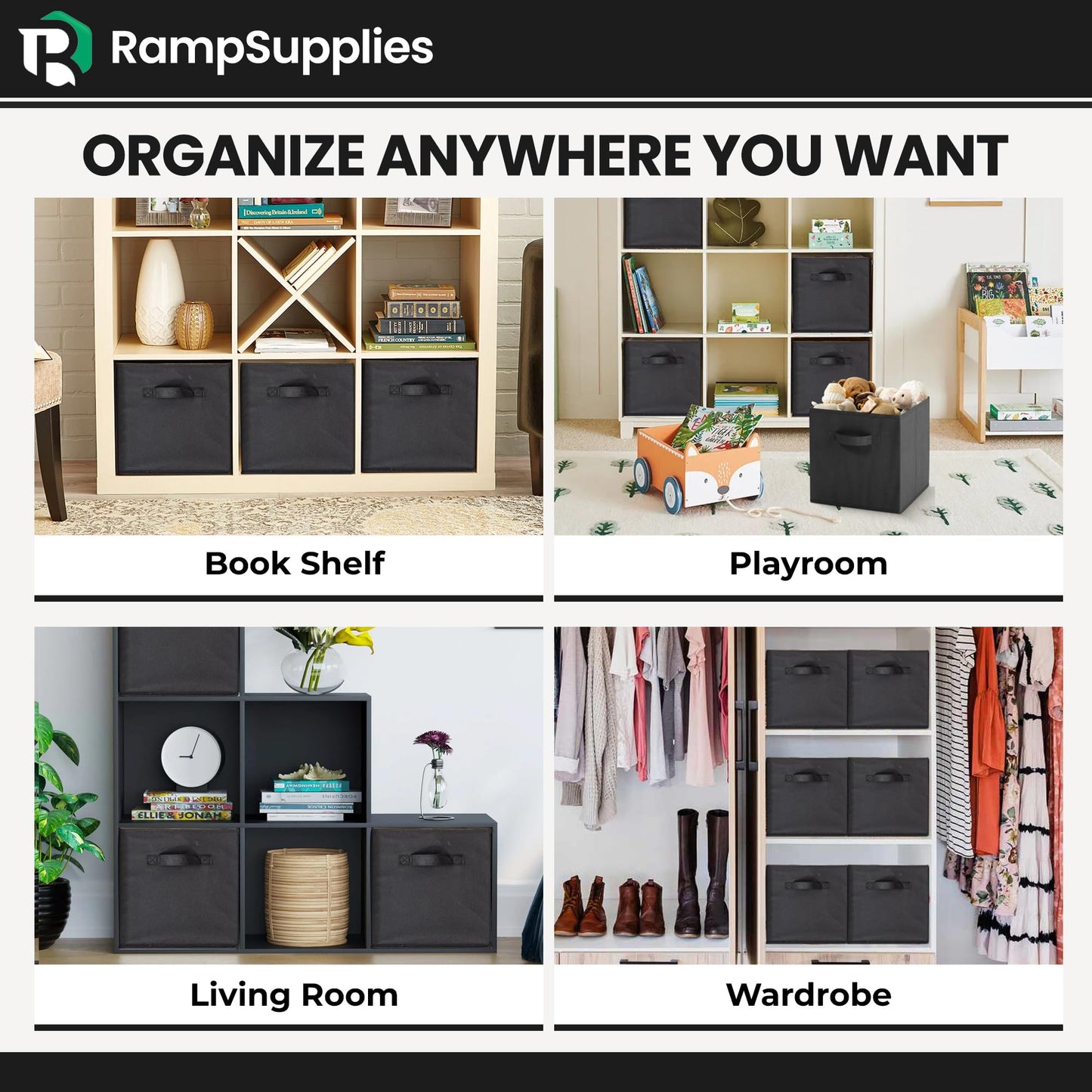 RampSupplies Black Foldable Storage Cubes with Handles, 30cm x 30cm x 30cm,Fabric Storage Boxes