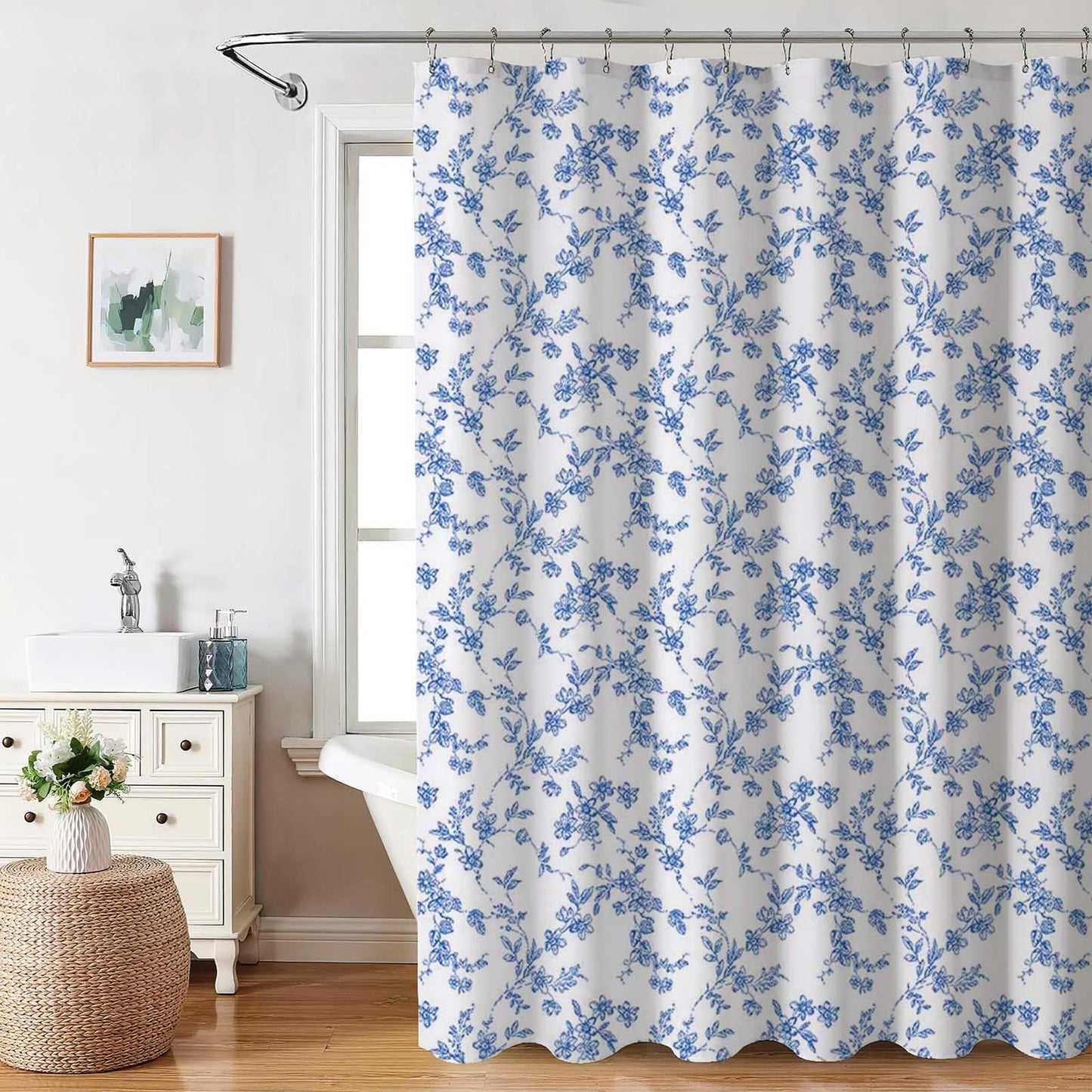 AIBIIN Blue Flora Shower Curtain Elegant Flower Bath Curtain for Bathroom Decor Durable Waterproof Polyester Material with 12 Hooks 180x180cm