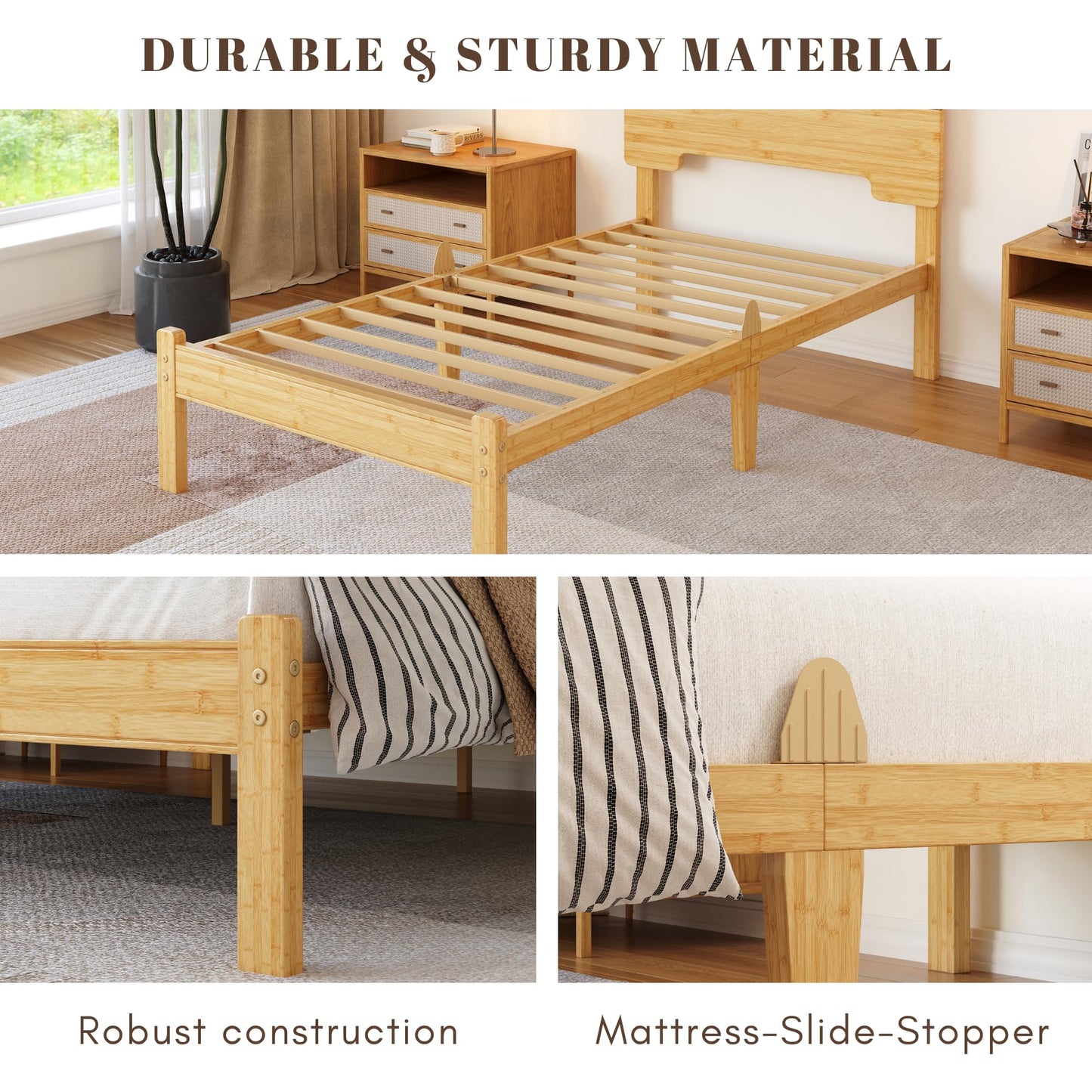 Hunlostten Wooden Single Bed Frame with Headboard - Bamboo Wood Platform Bed Frame with Metal Slats Support and Underbed Storage Bedroom Furniture