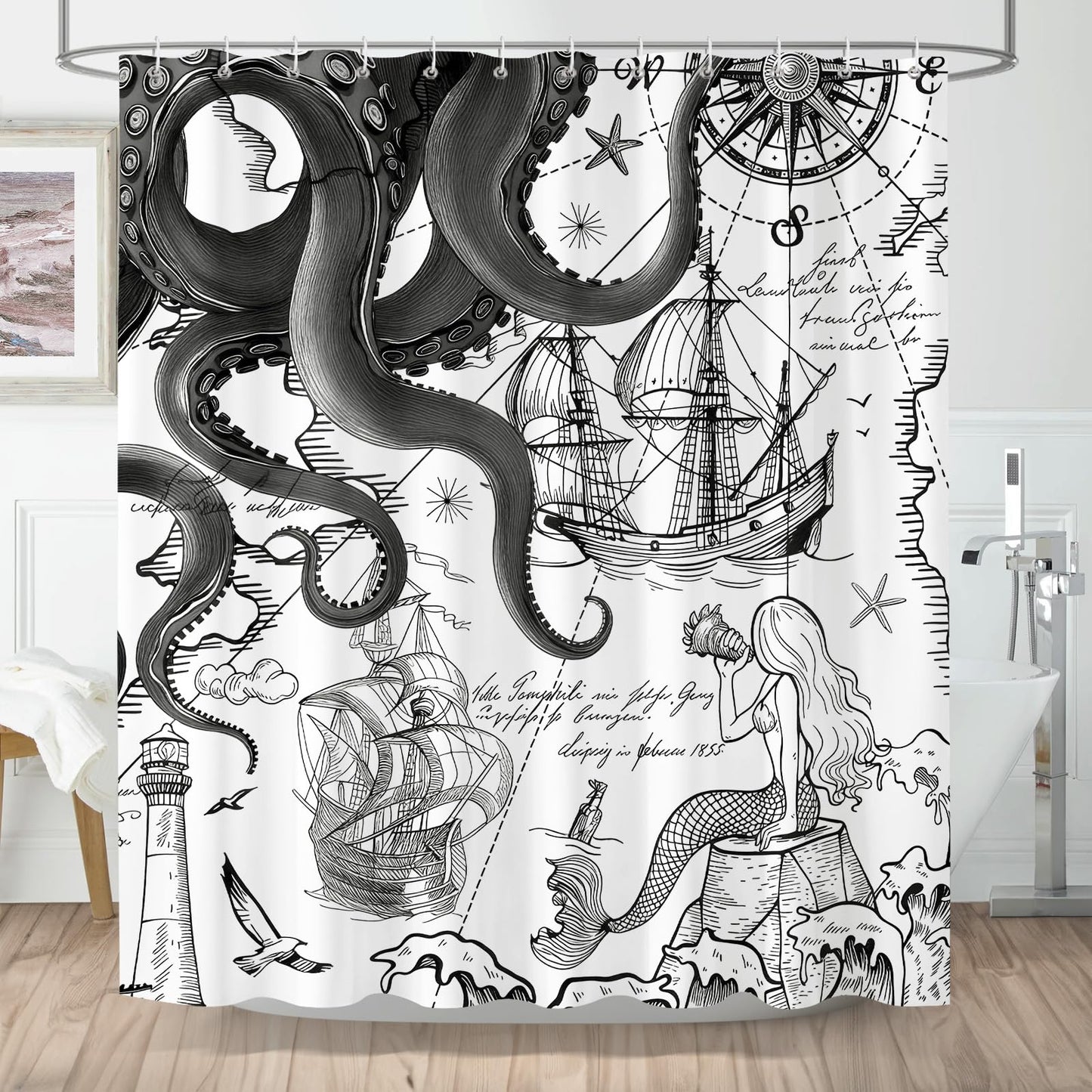 Hopomoon Gray Nautical Octopus Shower Curtain 180 x 180 cm,Waterproof and Moisture-Proof Funny Ocean Kraken Nautical Style Bathroom Curtain with 12