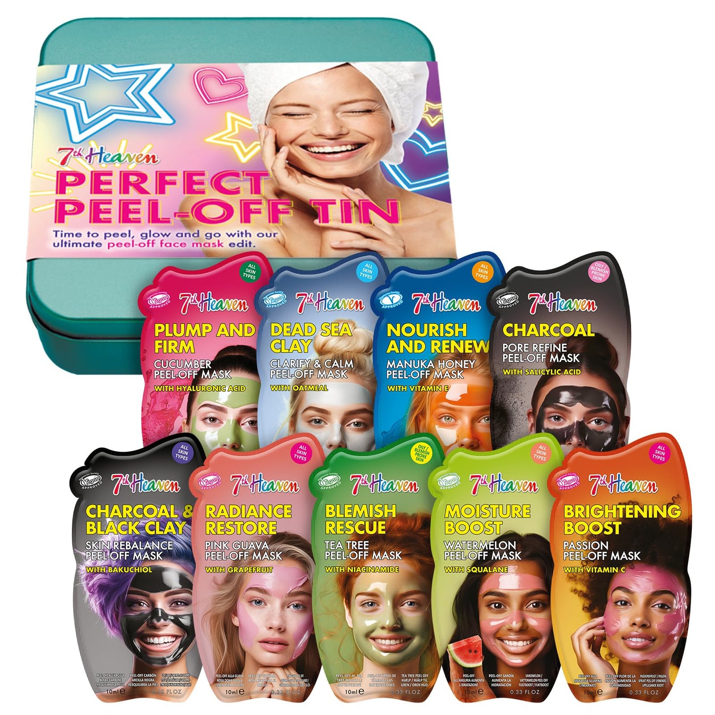 7th Heaven Perfect Peel Off Face Mask Gift Set in Tin (Contains 9 Peel Off Face Masks) Pamper Gifts for Women & Girls - Genuine 7th Heaven Skincare