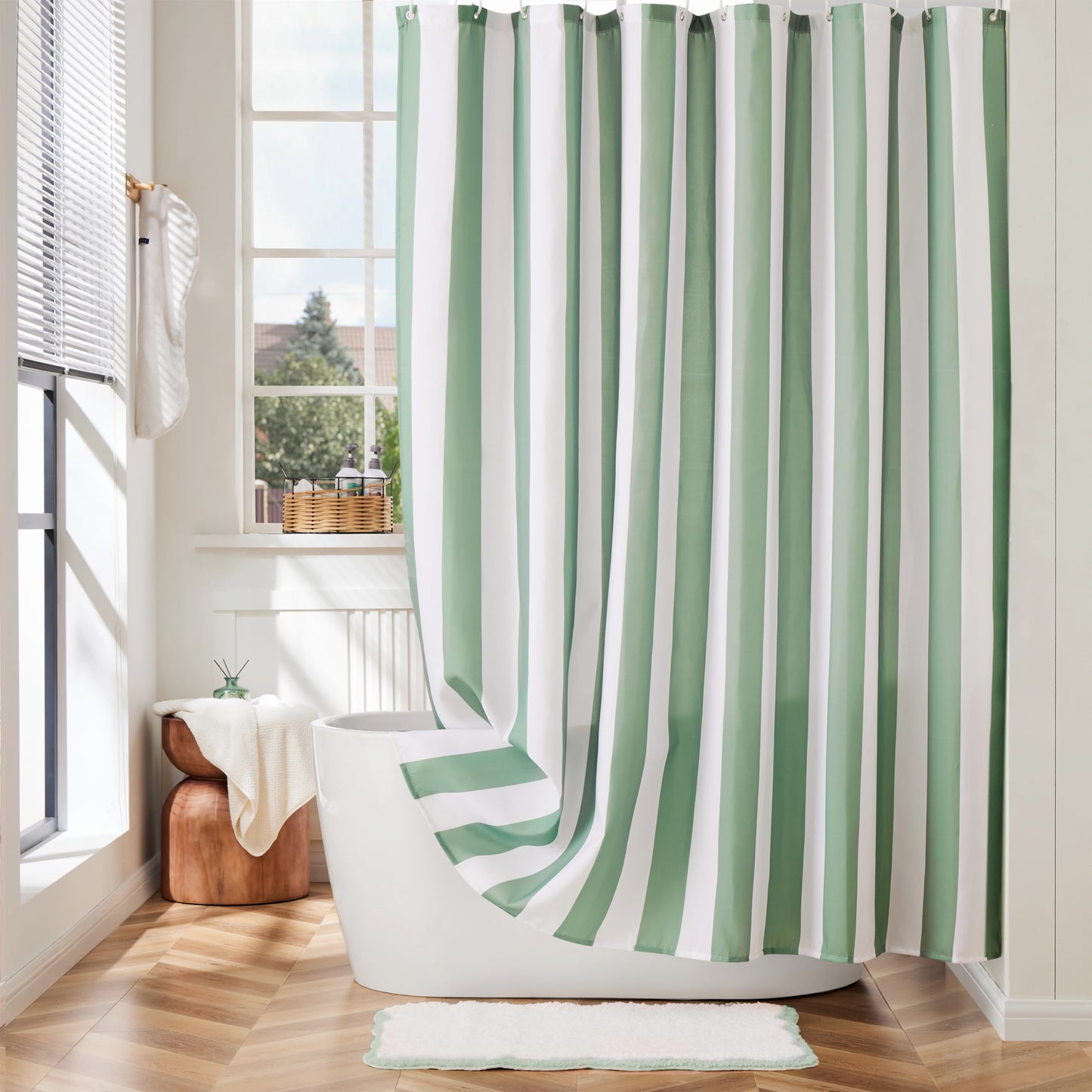 Ohocut Green Vertical Striped Shower Curtain, Cute Retro Vintage Stripe Bathroom Shower Curtain, Waterproof Polyester Fabric Modern Bath Curtain for