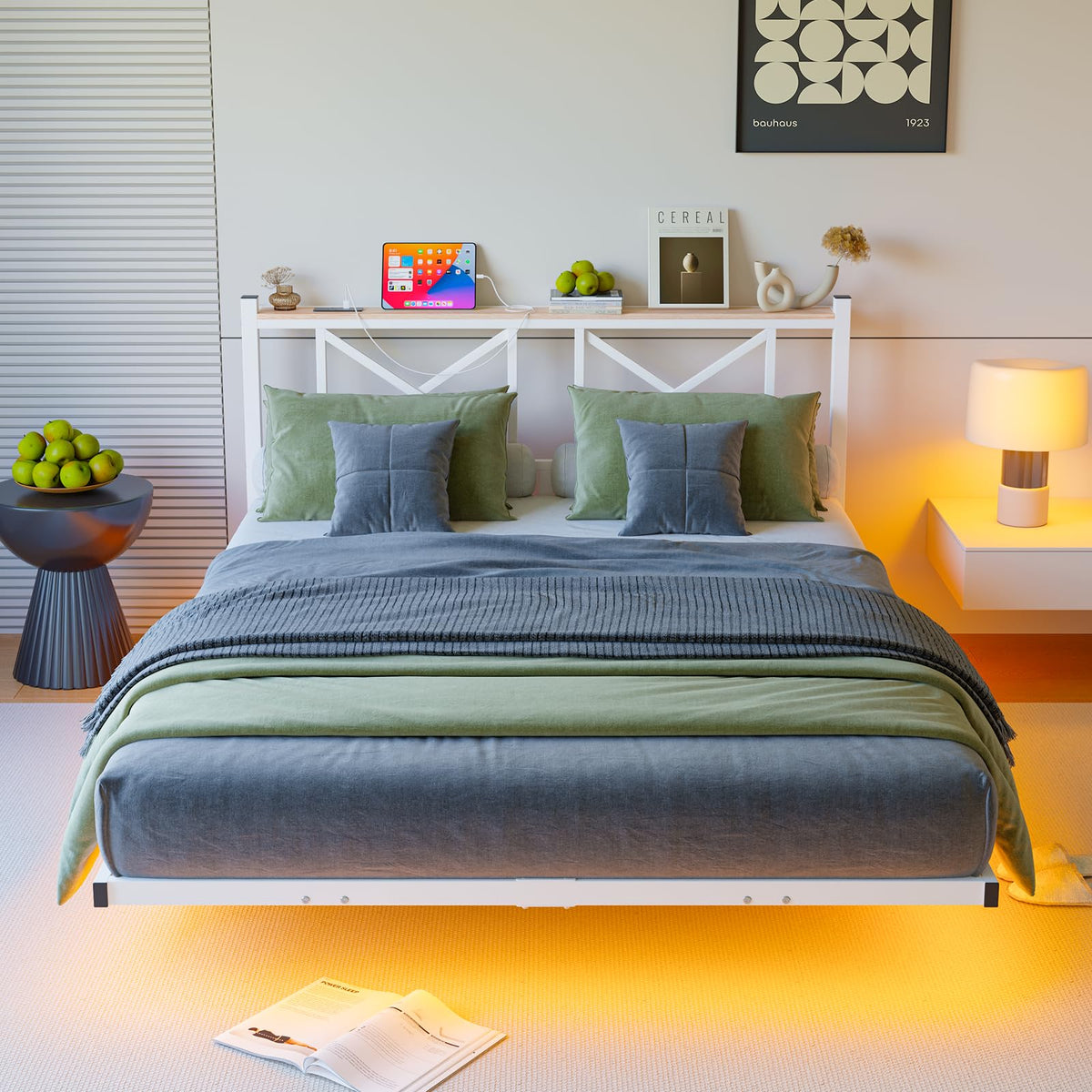 ARFARLY King Size Floating Bed Frame with LED Lights and Charging Station, Metal Platform Bed Frame King Size with Wooden Storage Headboard White and