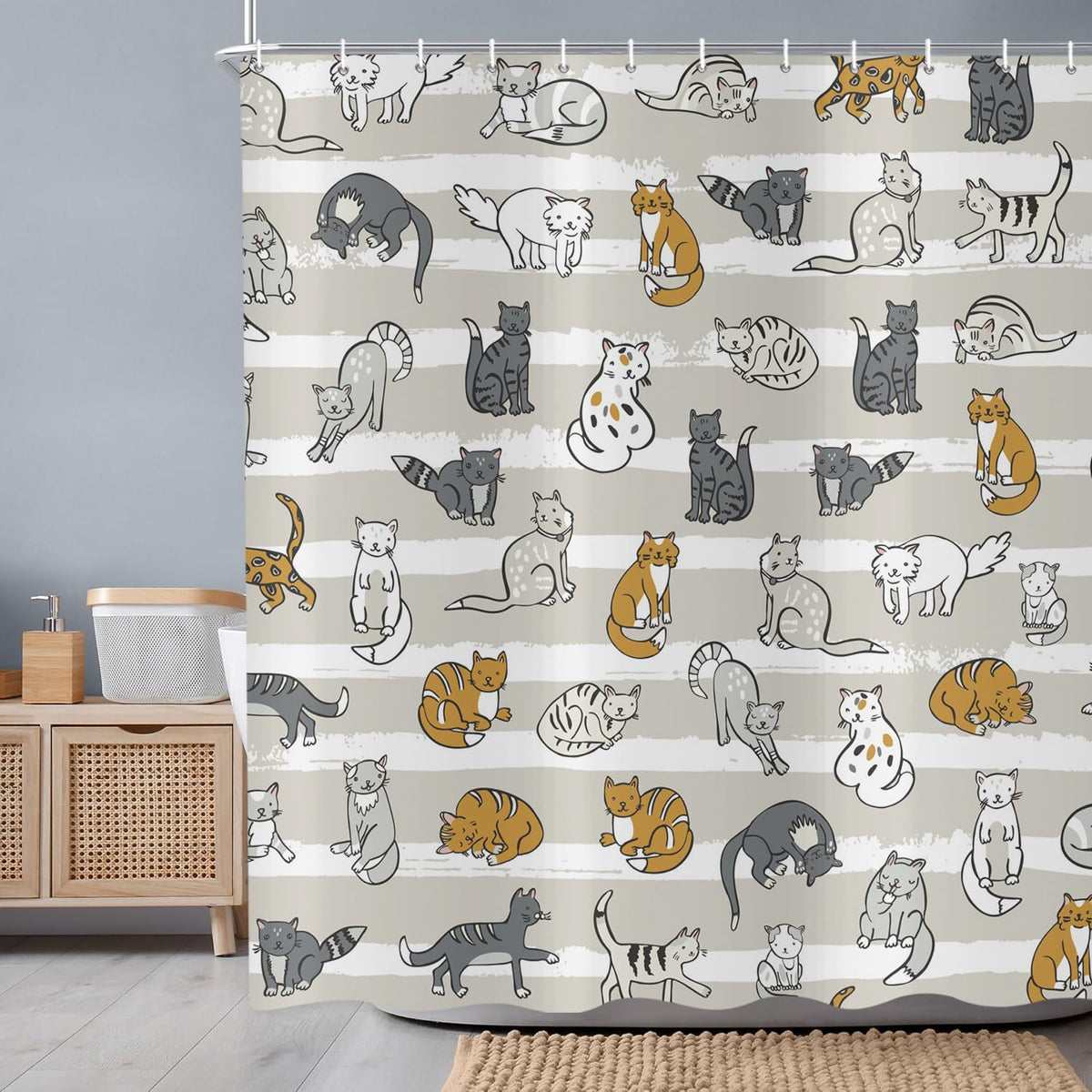 ASDCXZ Funny Cat Shower Curtain 180x200 cm, Cute Cartoon Pet Cat Colorful Kitten Children Animal Waterproof Bath Curtain Polyester Textile Washable