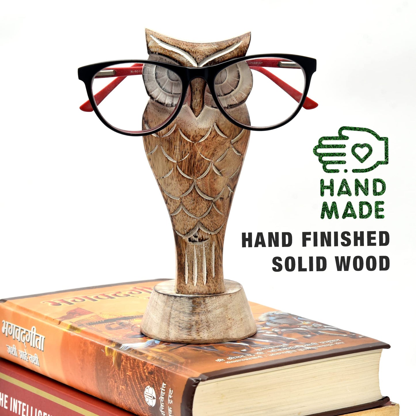 KSJONE Gift Packaged Unique Owl Spectacle Holder Wooden Eye glasses Stand Handmade Gift for Women and Men Home Office Gift for Teacher Him Her Mom