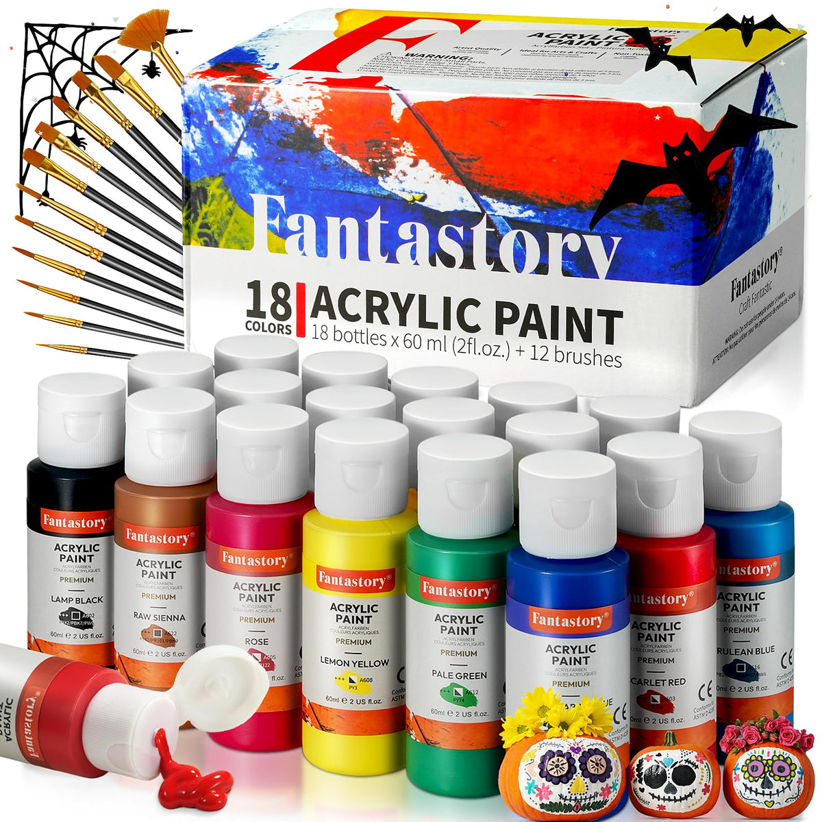 fantastory Acrylic Paint Set, 18 x 60 ml with 12 Brushes; Halloween Acrylic Paint, Waterproof; For Artwork & DIY Projects on Canvas, Wood, Glass,