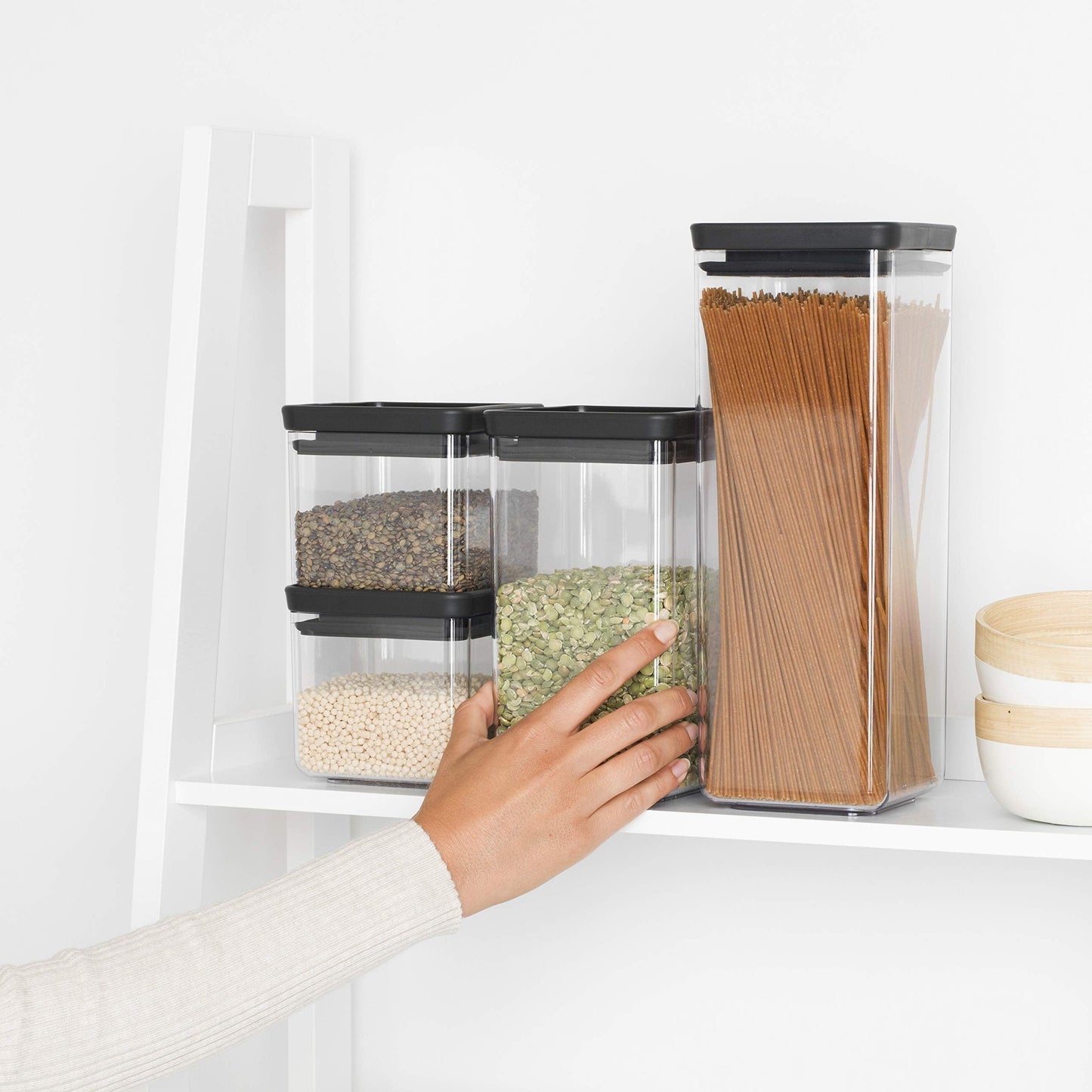 Brabantia Set of 4 Tasty+ Square Stackable Food Canisters/Storage Jars (Dark Grey) Space Saving Transparent Plastic Tubs with Lids, (122422)