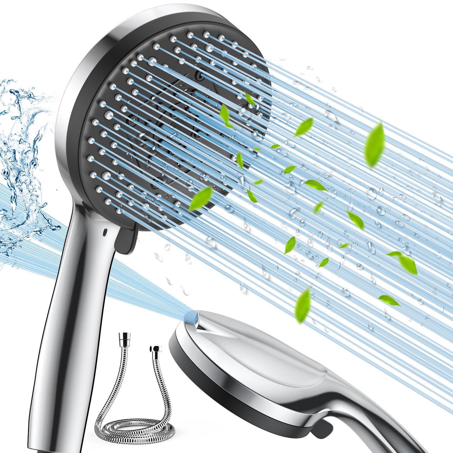 VOXON Shower Head with 1.5M Hose, 130mm Large Panel with 10 Modes, Large Powerful Flow Handheld Showerhead, Built-in Power Wash to Clean Tub, Tile &