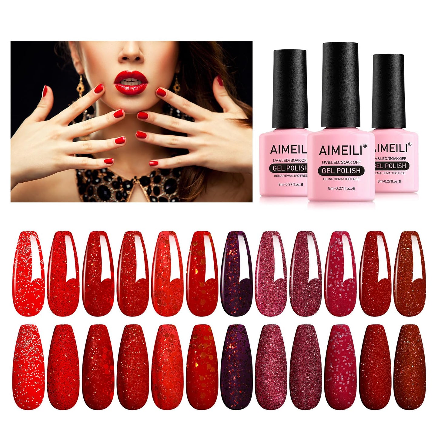 AIMEILI 12 Colors Christmas Red Glitter Gel Nail Polish Shiny Chunky Glitter Gel Polish Soak Off U V Nail Gel Sparkly Gel Nail Art Manicure Varnish