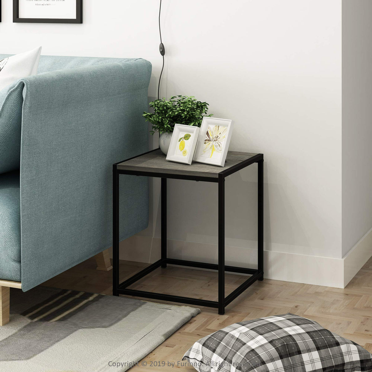 Furinno CAMNUS Side Table, Metal Frame End Table, Toolless Night Stand, Bedside Table, for Living Room, Bedroom, French Oak Grey
