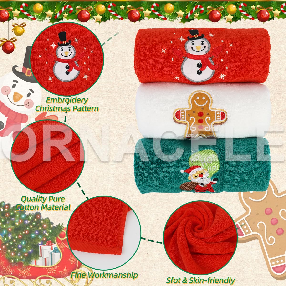 ORNACELE 3 Pack Large Size Christmas Hand Towels, 13.4 x 29.1 inch 100% Thick Cotton Christmas Kitchen Towels