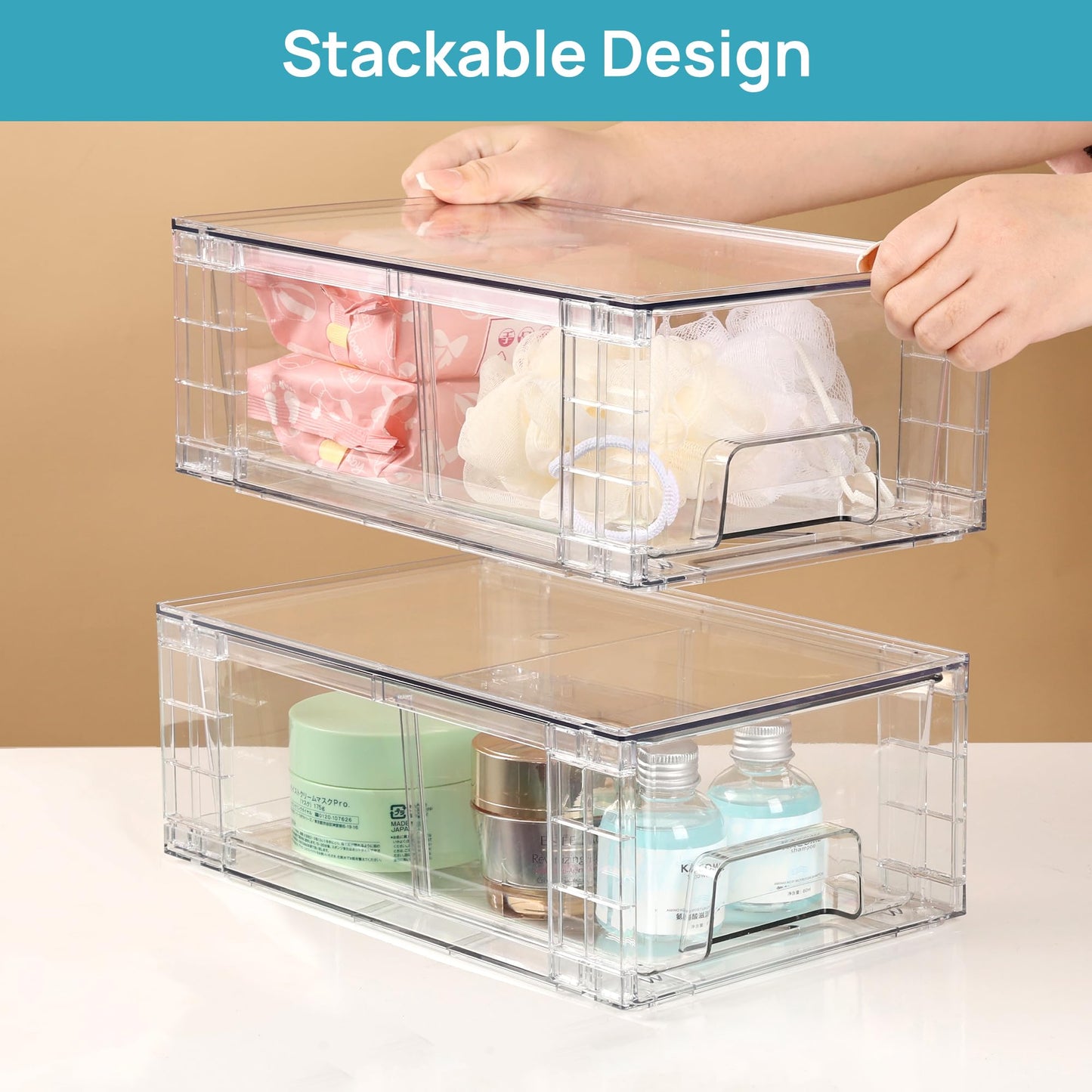 Vtopmart 4 Pack Stackable Storage Drawers,Clear Acrylic Drawer Organizers with Handles, Easily Assemble Containers for Fridge, Bathroom,Kitchen