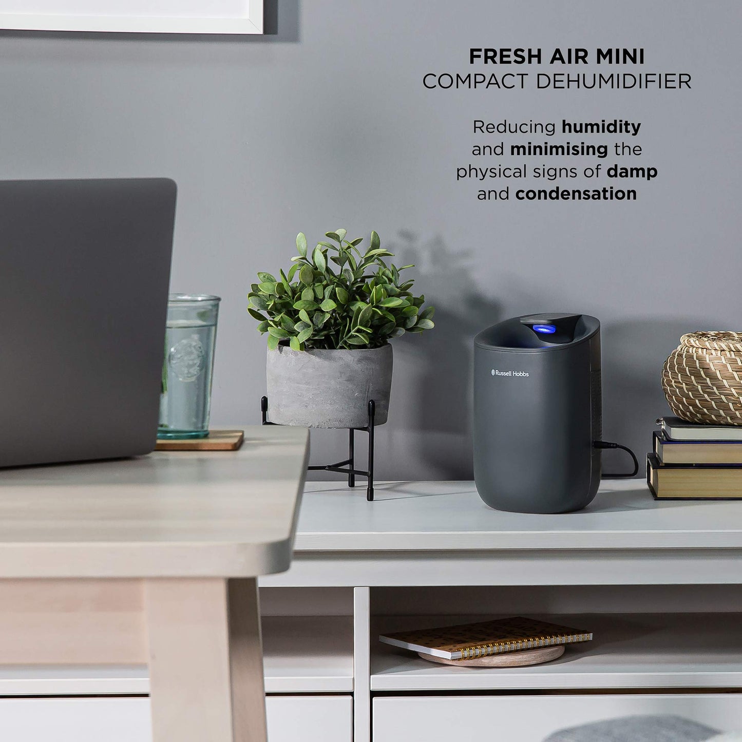 Russell Hobbs RHDH1061G 300ml/day, Grey Dehumidifier with Auto Defrost for Home, Kitchen, Basement, Garage, Caravan, Bathroom, Lightweight, 15m2 Room