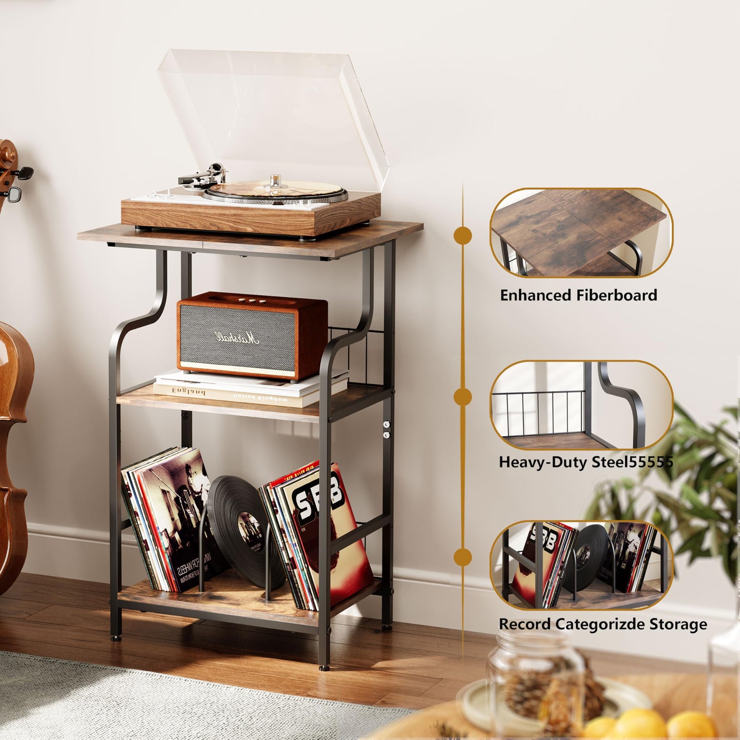 FANNYE Record Player Stand, 3-Tier Record Player Table, Vinyl Record Storage with Extra-Large Desktop, Turntable Stand End Table for Vinyl Record