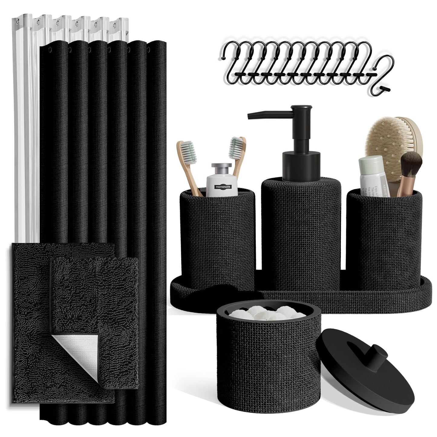 Clara Clark Black Bathroom Set - Bathroom Sets with Shower Curtain and Rugs, 21PC Bathroom Accessory Set
