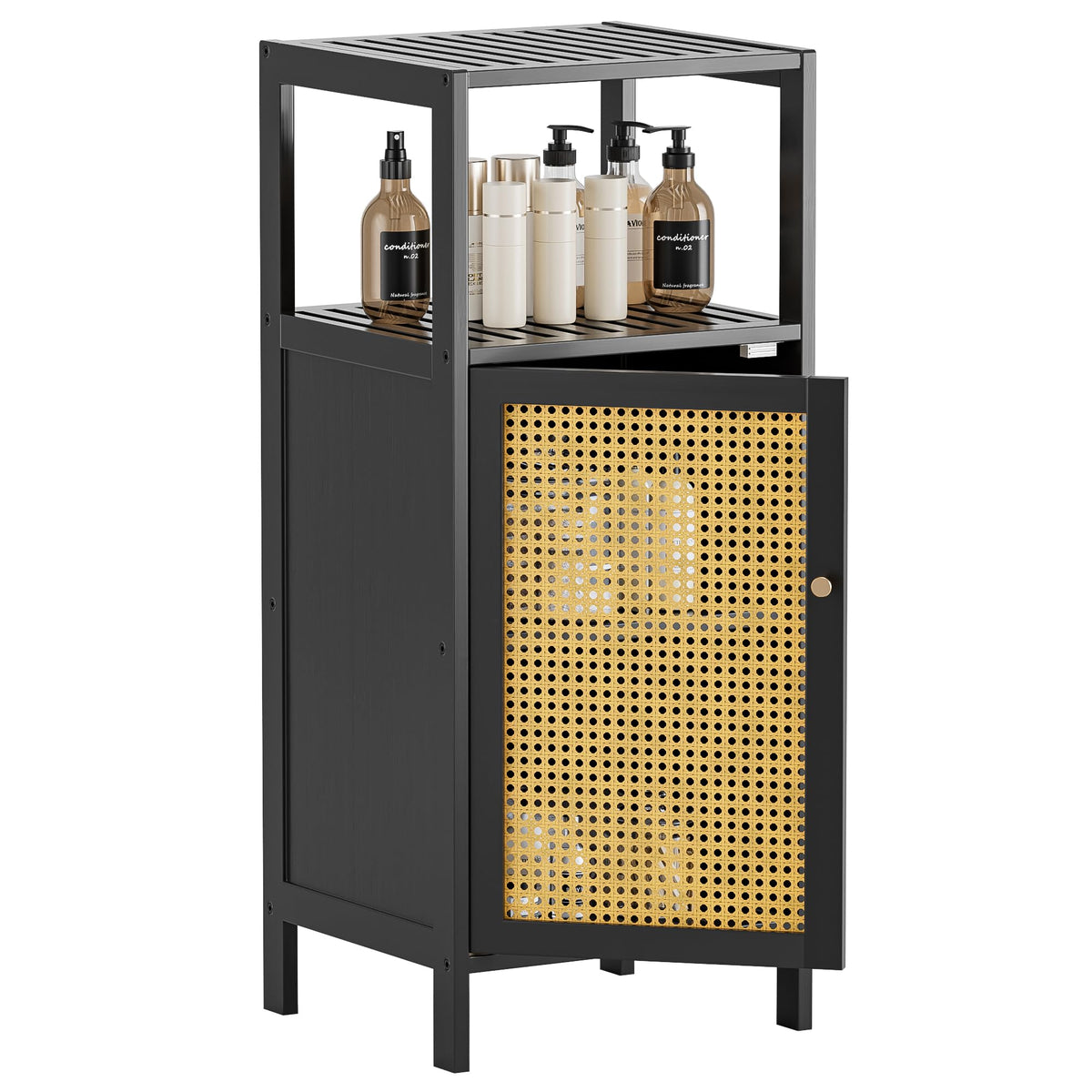 HITNET Bamboo Floor Cabinet, Small Bathroom Storage Cabinet with Single Rattan Door, Narrow Side Storage Organizer Unit Freestanding Space Saving
