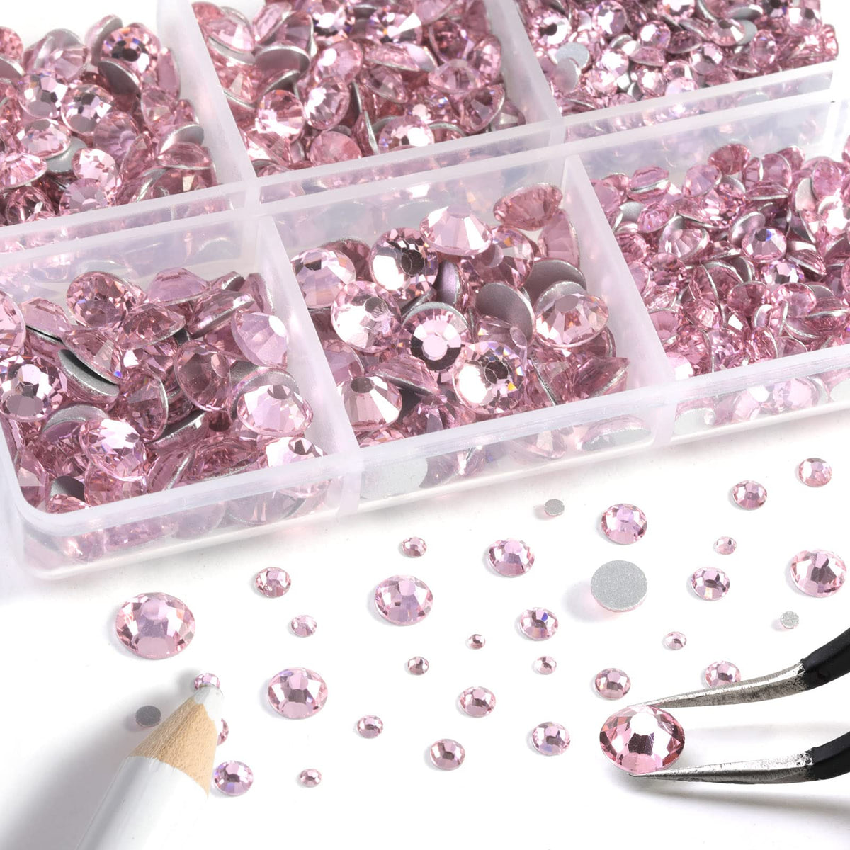 Beadsland 8300PCS Flatback Rhinestones, Pink Rhinestone Nail Gems Round Crystal Rhinestones for Crafts, Mixed 10 Sizes with Wax Pencil and Tweezer