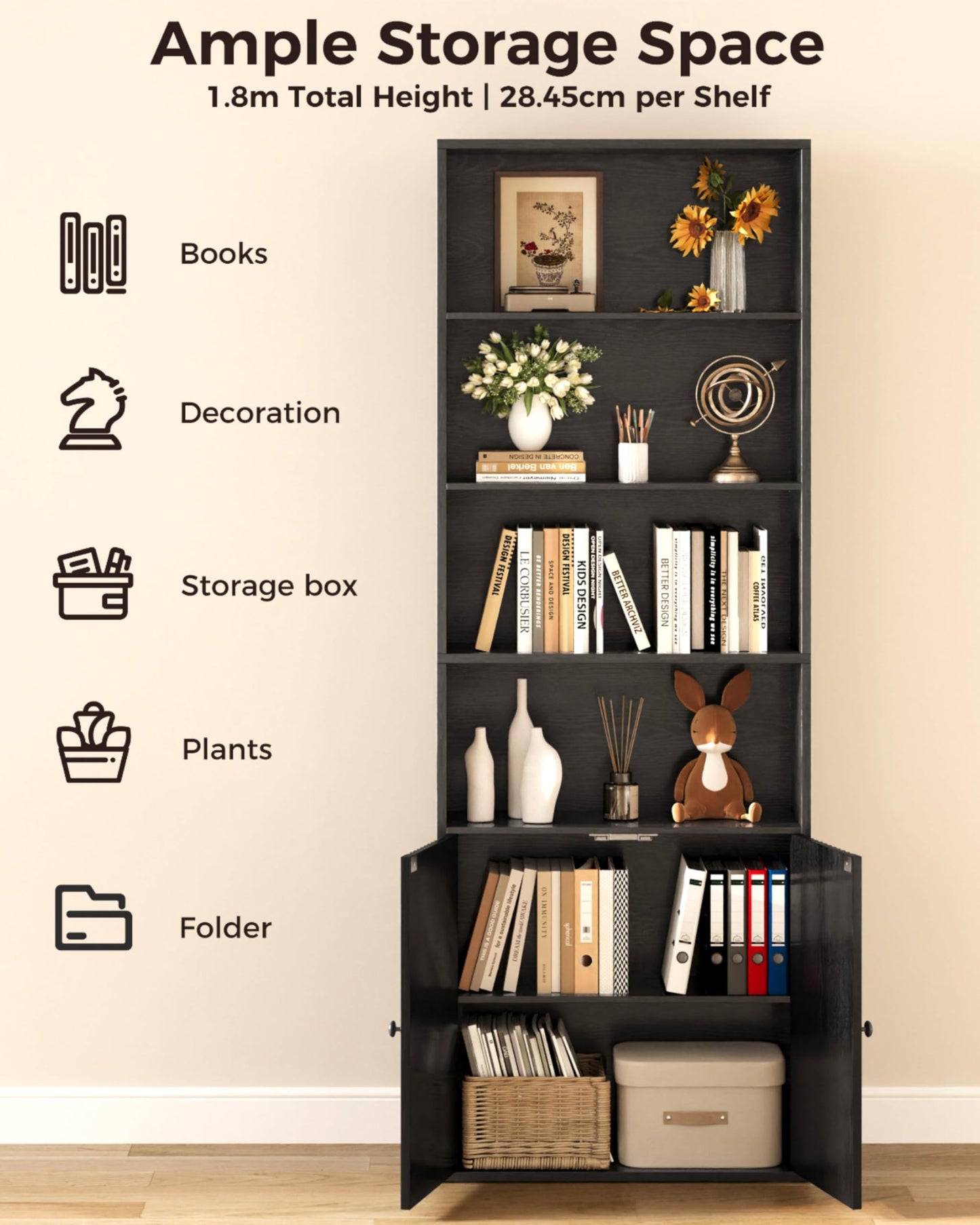 IRONCK Bookcase, Bookshelf with Doors, 6 Tier Tall Book Shelf, Shelving Unit, 60x23.5x180cm Free Standing Display Shelf for Living Room, Home Office
