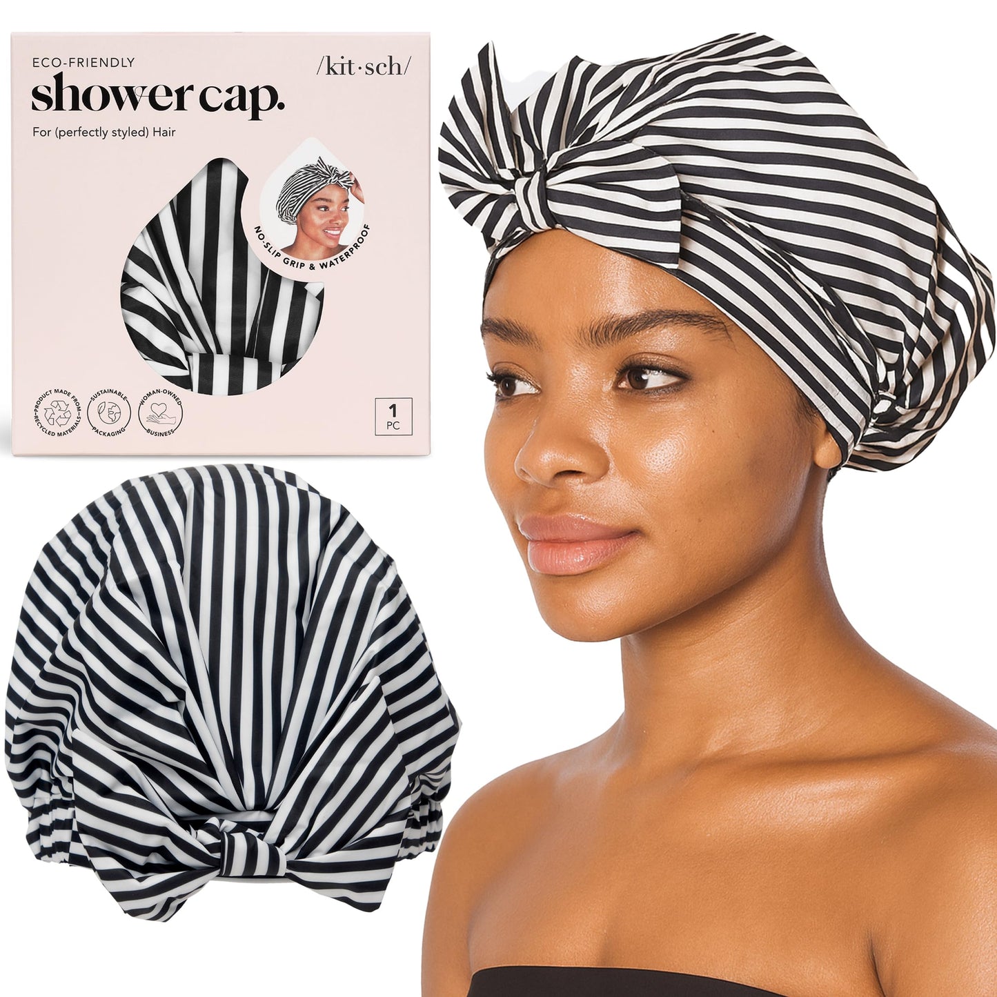 Kitsch Luxury Shower Caps for Women - Reusable Large Shower Cap for Long Hair with Non Slip Silicon Grip | Extra Large Shower Cap with One Size Fits