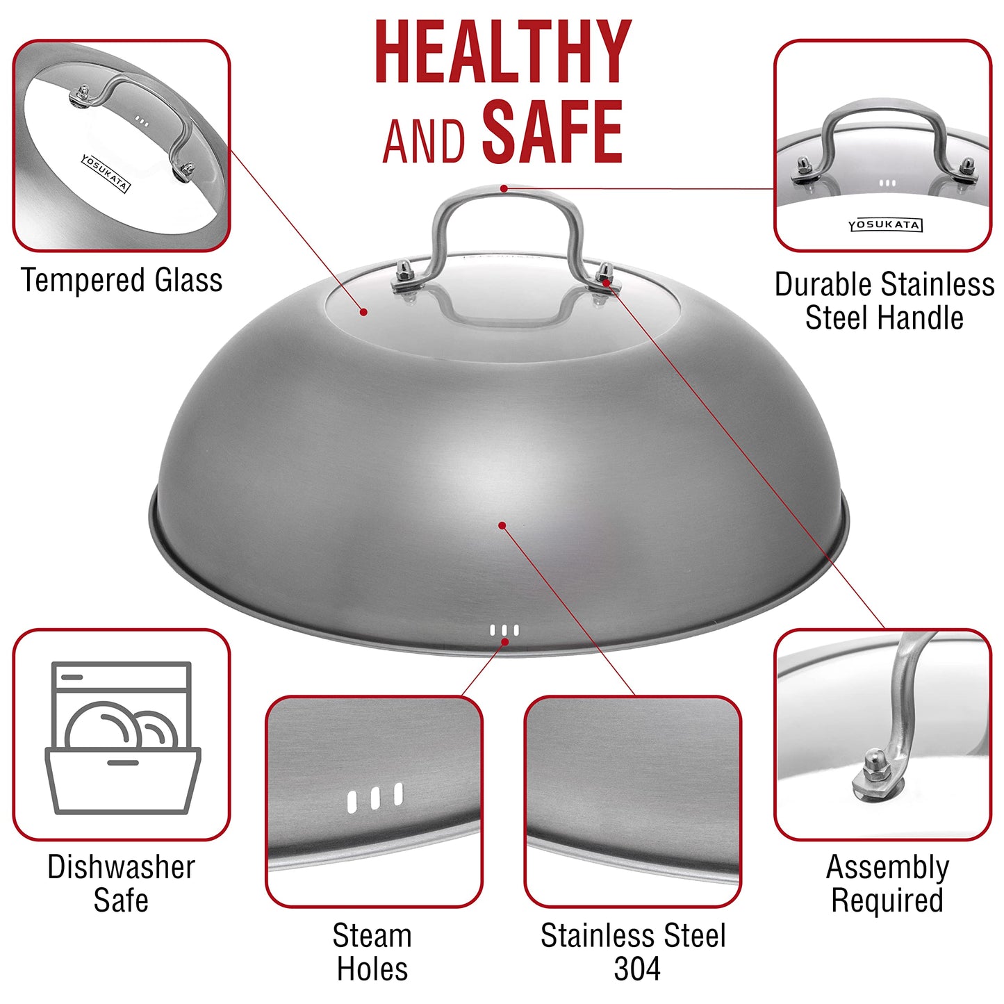 YOSUKATA Wok Lid 34.5 cm for 36 cm Wok - Premium Stainless Pan Cover - Tempered Glass Insert Steam Holes - Ergonomic Handle - Durable Asian