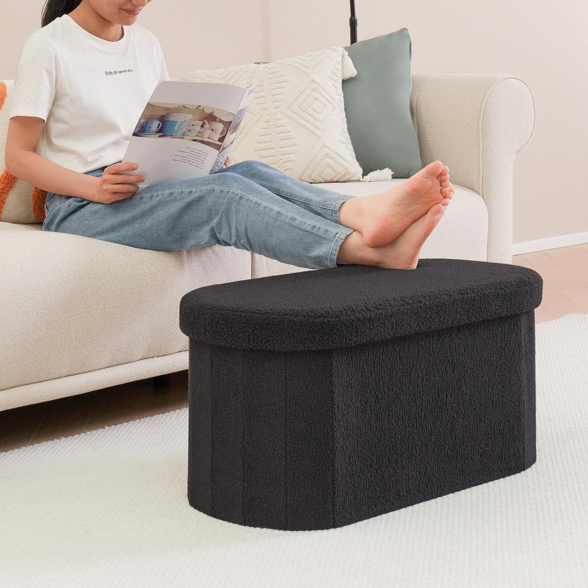 Bonlife Folding Ottoman Storage Bench,Boucle Footstool Oval, End of Bed Stool, Ideal for Living Room, Bedroom,76x38x38cm,Dark Grey