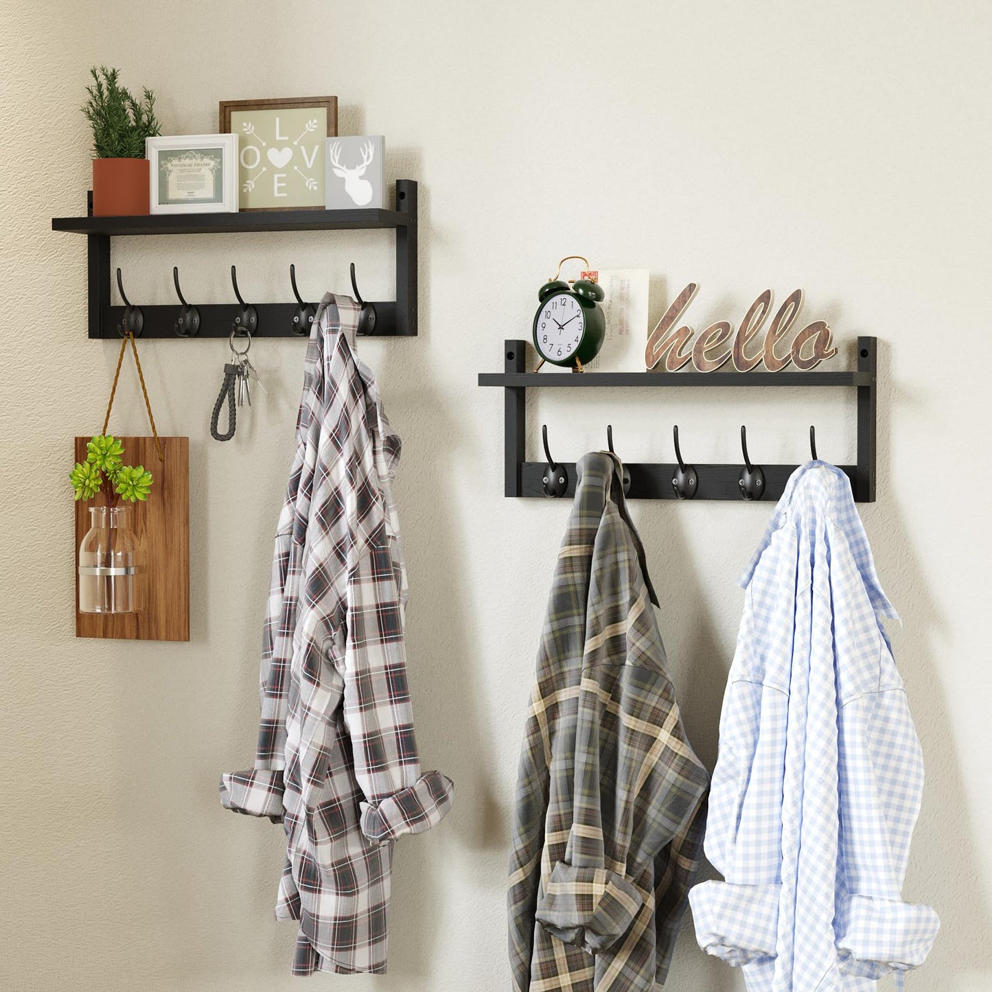 AMBIRD 87cm Extra Wooden Wall Coat Rack with Shelf - Elegant and Functional Wall-Mounted Storage Solution with 10 Hooks for Coats, Hats, Keys