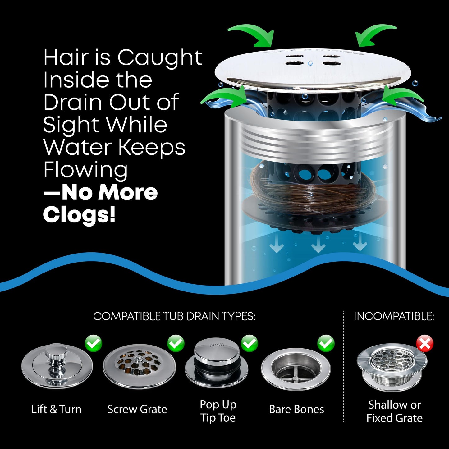 TubShroom Tub Drain Protector Hair Catcher Strainer Snare Silicone Black Standard